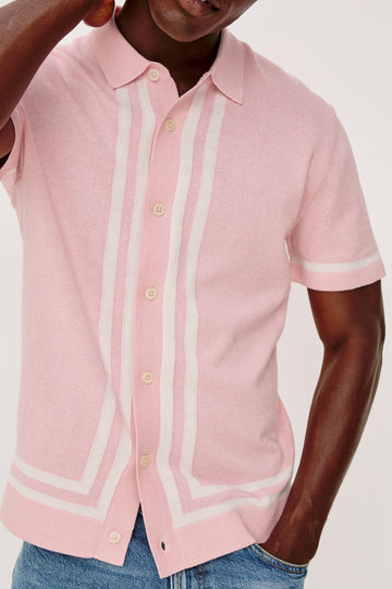 Leo Sweater Polo in Yarn-Dyed Cotton Blend Knit With Collar, Front Buttons, Short Sleeves, and Classic Fit in Rose Melange Colorway - Upper Body Front Detail View Featured on Model