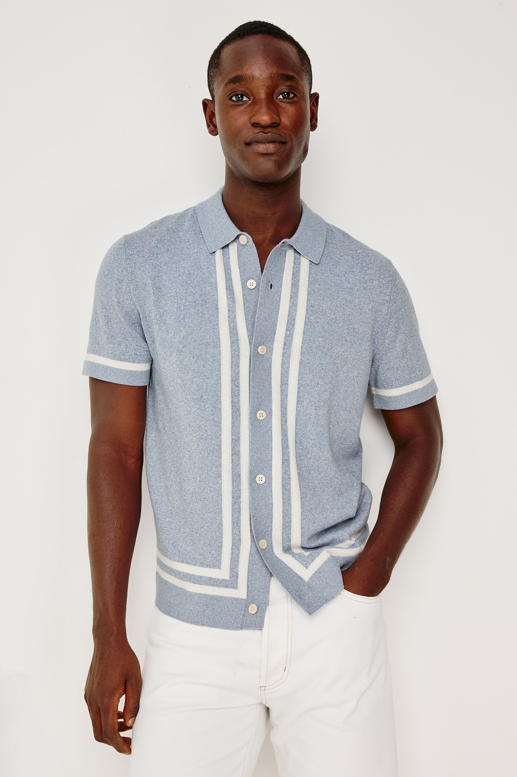 Leo Sweater Polo in Yarn-Dyed Cotton Blend Knit With Collar, Front Buttons, Short Sleeves, and Classic Fit in Sky White Colorway - Upper Body Front View Featured on Model