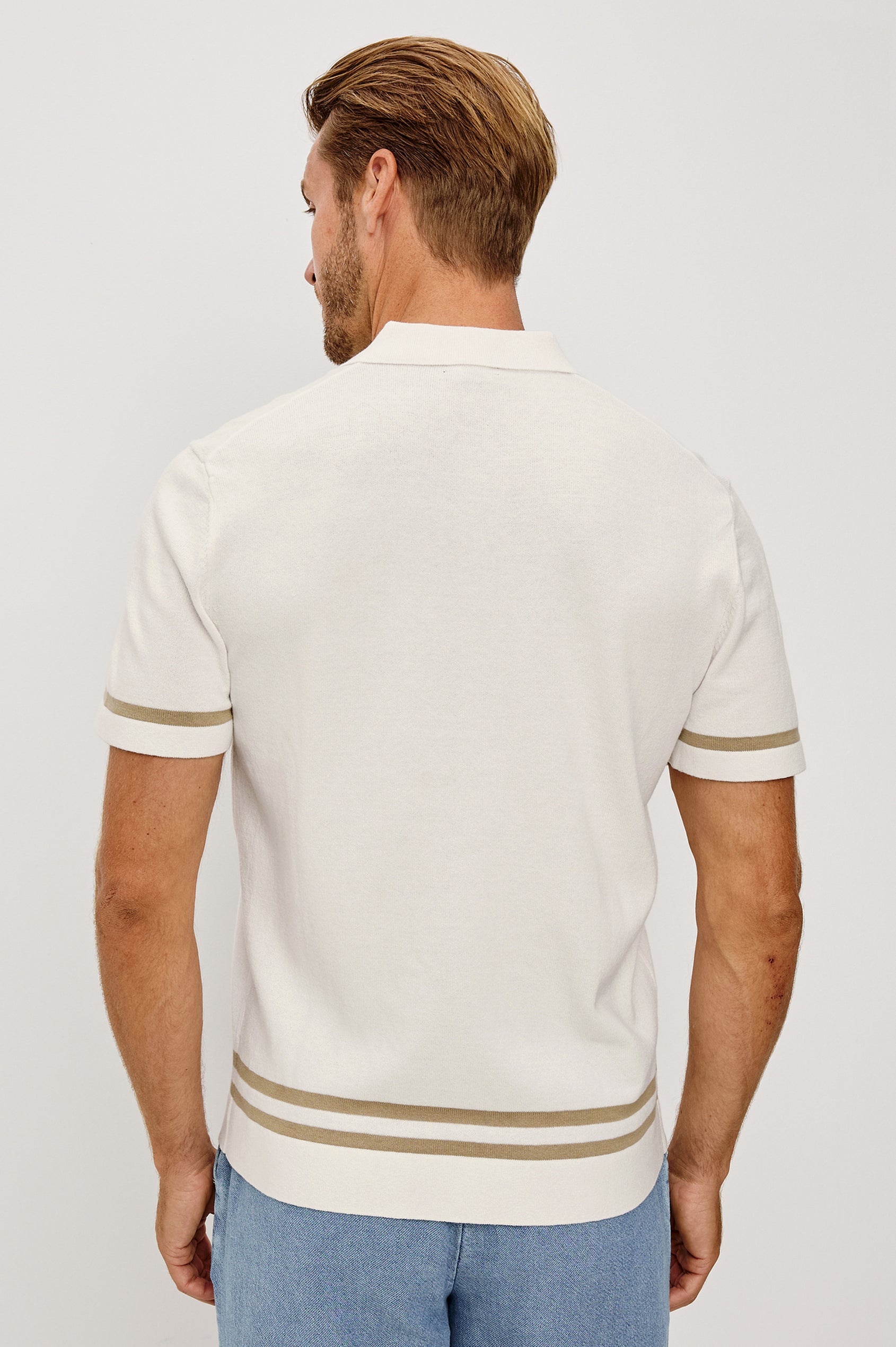 Leo Knit Sweater Polo in Yarn-Dyed Cotton Blend With Collar, Front Buttons, and Short Sleeves in White Cashew Colorway - Upper Body Back View Featured on Model