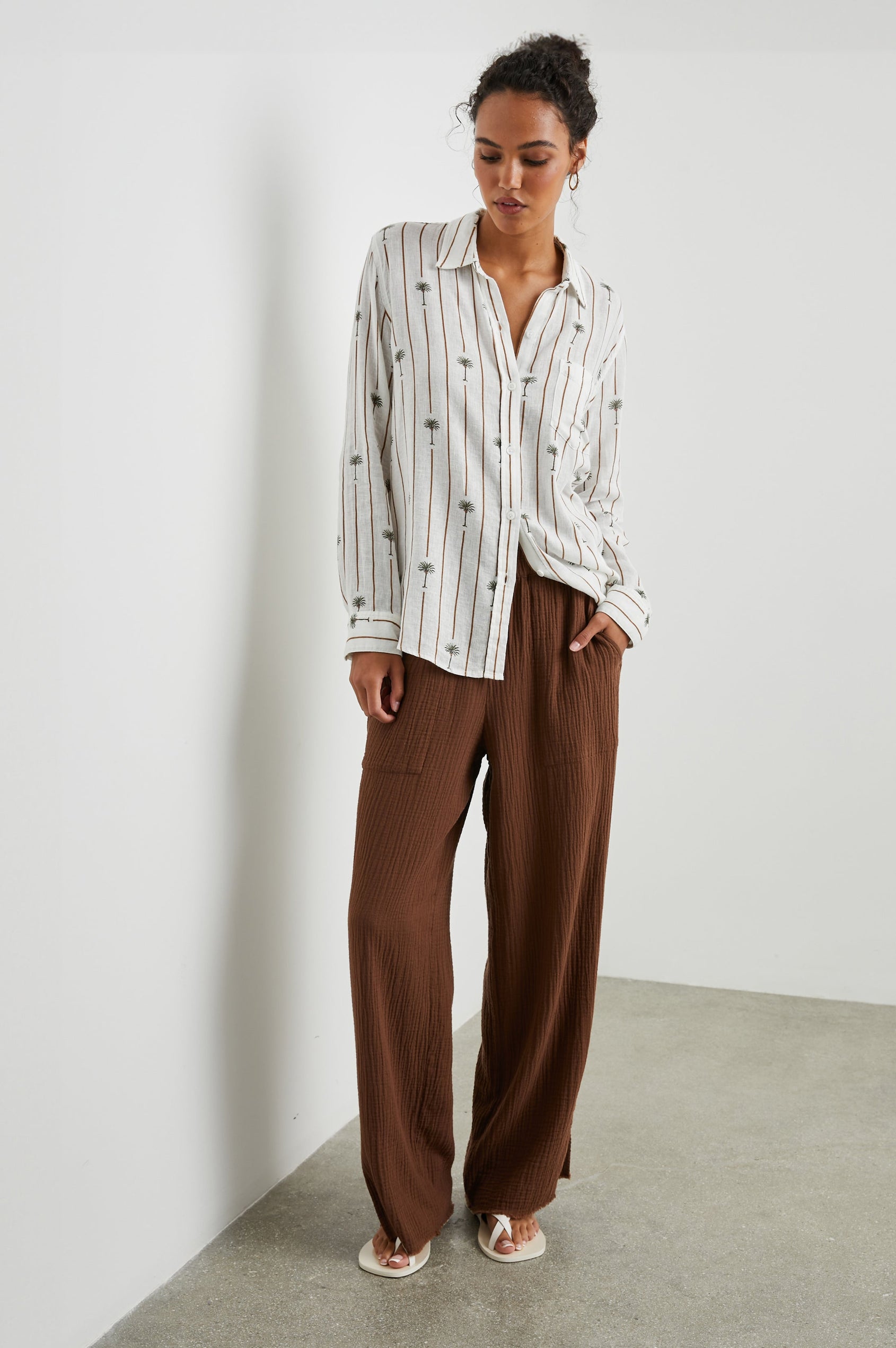 Leon Pant with a Smocked Waistband, Short Side Slits on Outer Leg and Two Front Seam Pockets in Cacao Colorway - Front Full Body View Featured on Model
