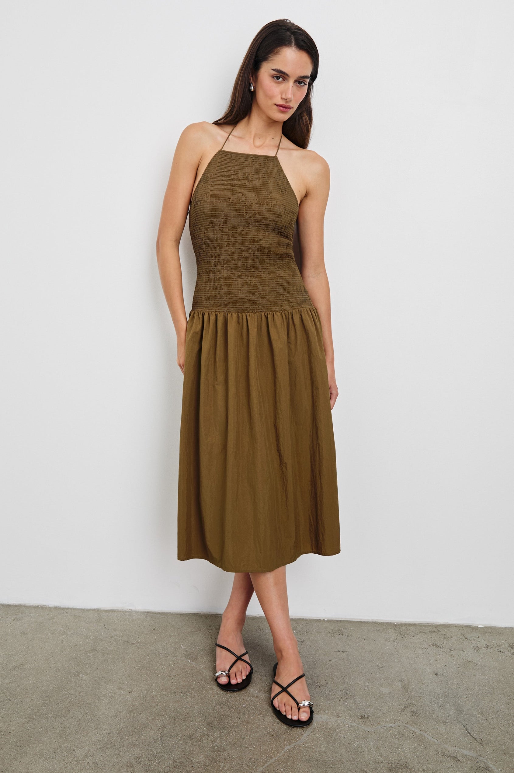 Leslie Midi Halter Dress with a Drop Waist, Contrast Skirt and a Square Neckline in Sepia Colorway. Full Body Front View Shown on Model.