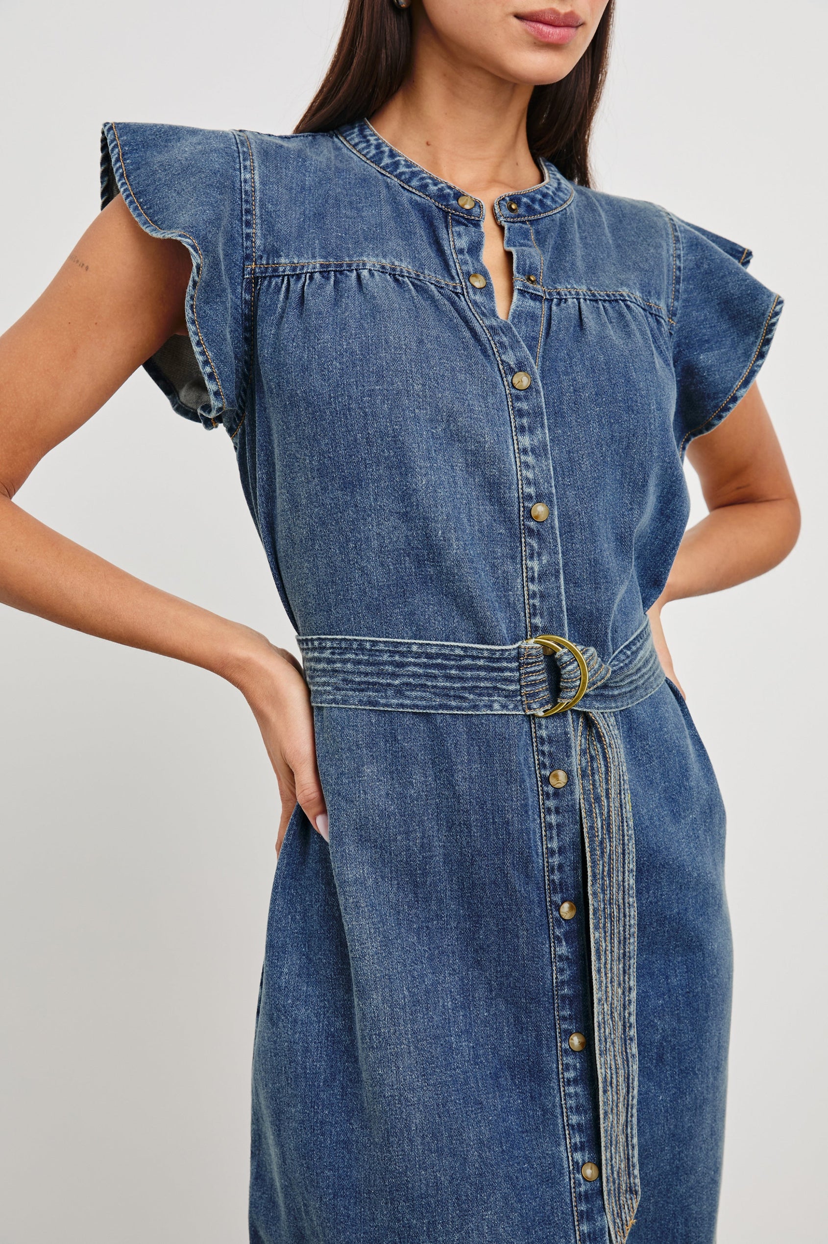 Letta Above-Knee Dress with Flutter Sleeves, Snaps down the Front, and a Belted Waist in Classic Blue Colorway - Front View Featured on Model 