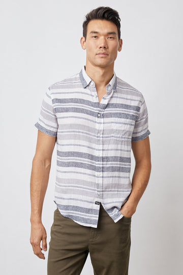 CARSON SHIRT - NAVY GREY WHITE STRIPE