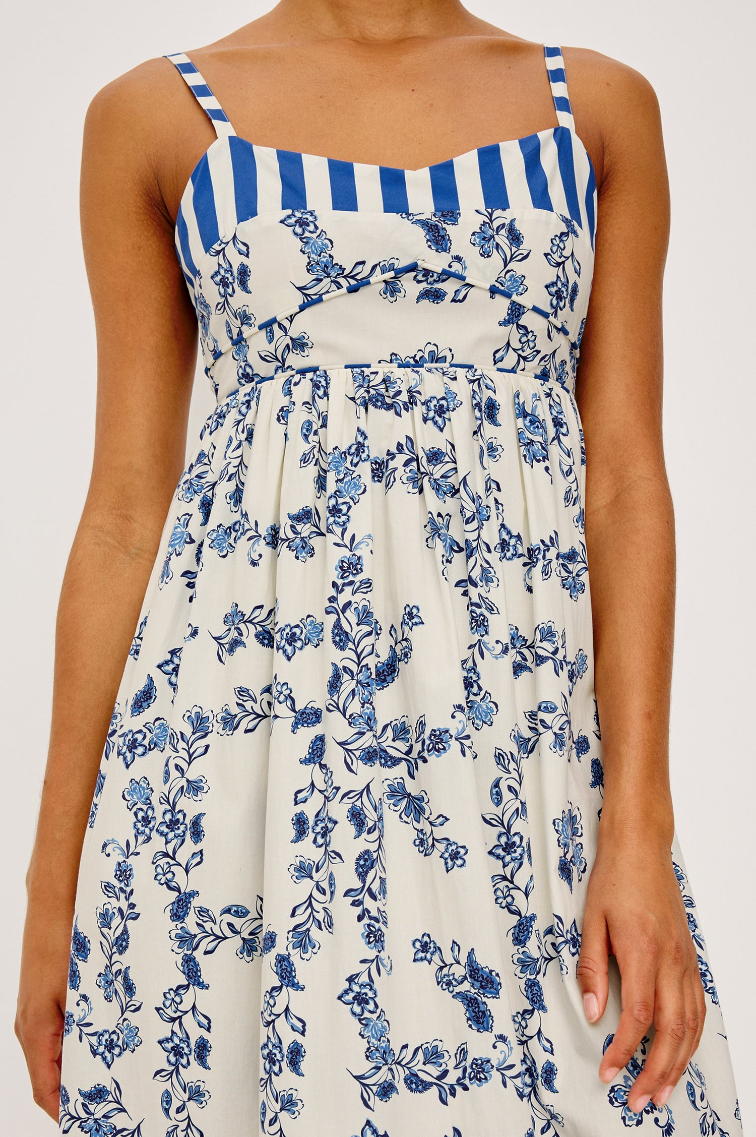 Lexie Maxi Dress in Cotton Poplin With Adjustable Shoulder Straps, Empire Waist, Piped Detailing, Orange Embroidery and Eyelet Hem, and is Fully Lined -