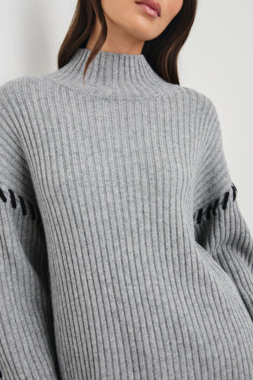 Liam Long-Sleeve Sweater with Turtle Neckline in Heather Grey Colorway, with Black Rib Stitching on Arms - Front View Featured on Model