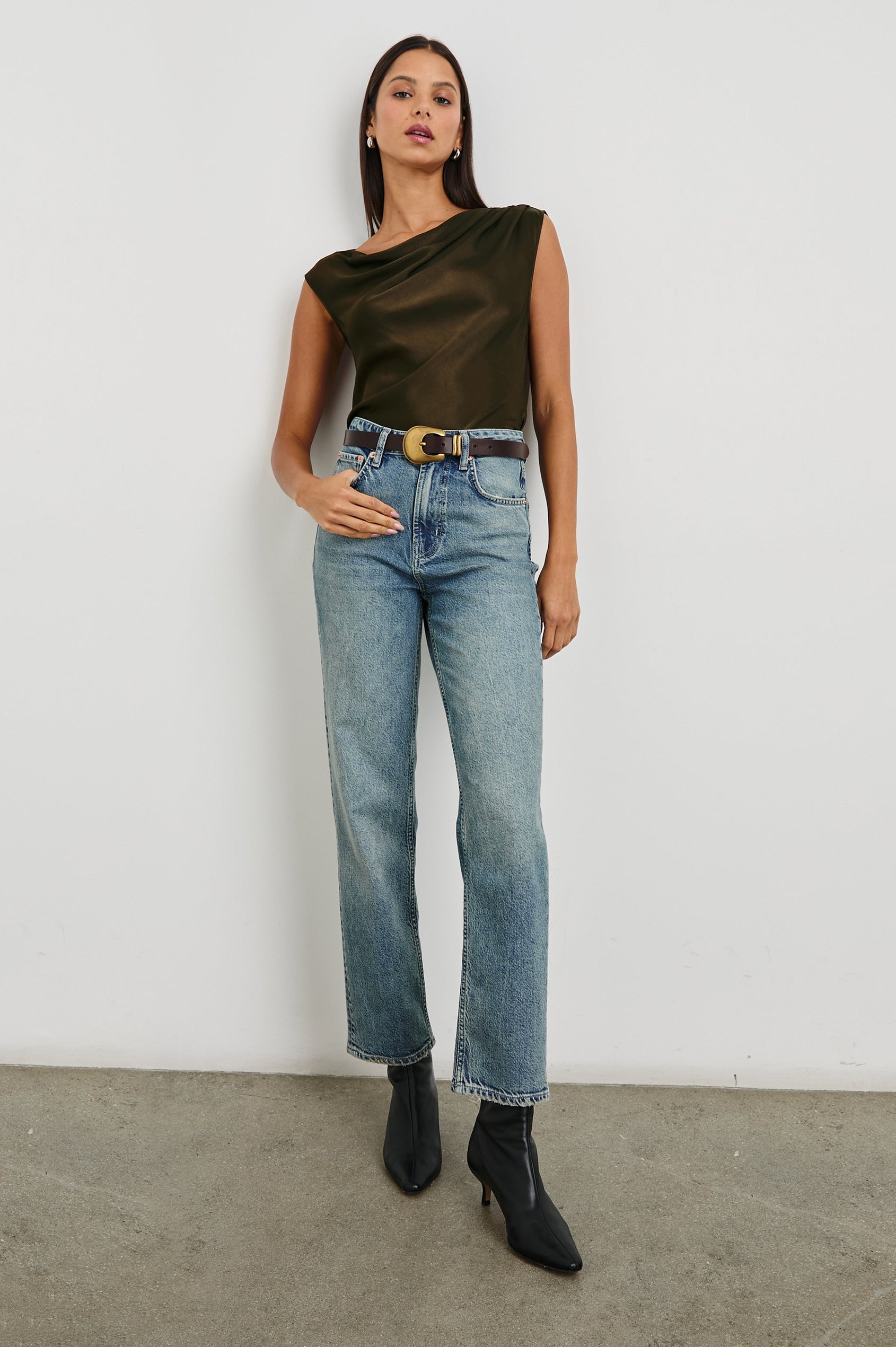 Lilly Sleeveless Top with a Cowl Neckline in Dark Moss Colorway - Front Full Body View Featured on Model