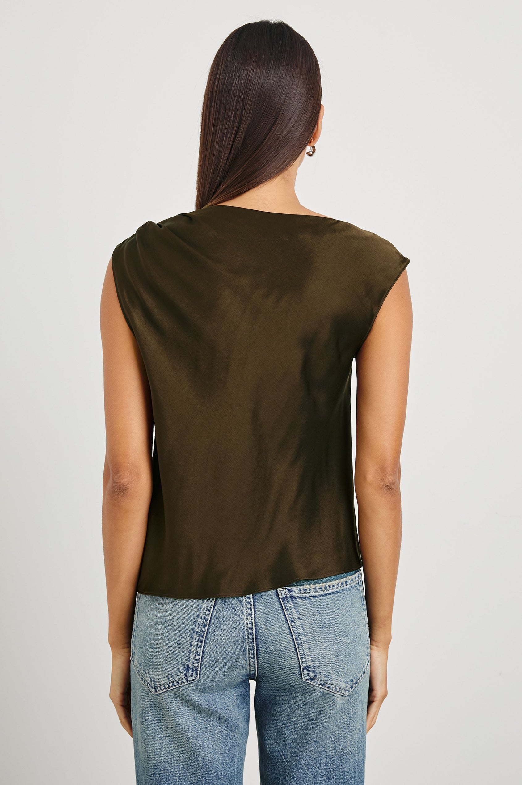 Lilly Sleeveless Top with a Cowl Neckline in Dark Moss Colorway - Back View Featured on Model