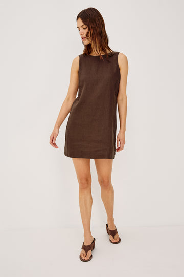 Lindsey Mini Dress in Linen With High Neck, Scoop Back, Relaxed Fit, and is Fully Lined in Espresso Colorway - Full Body Front View Featured on Model