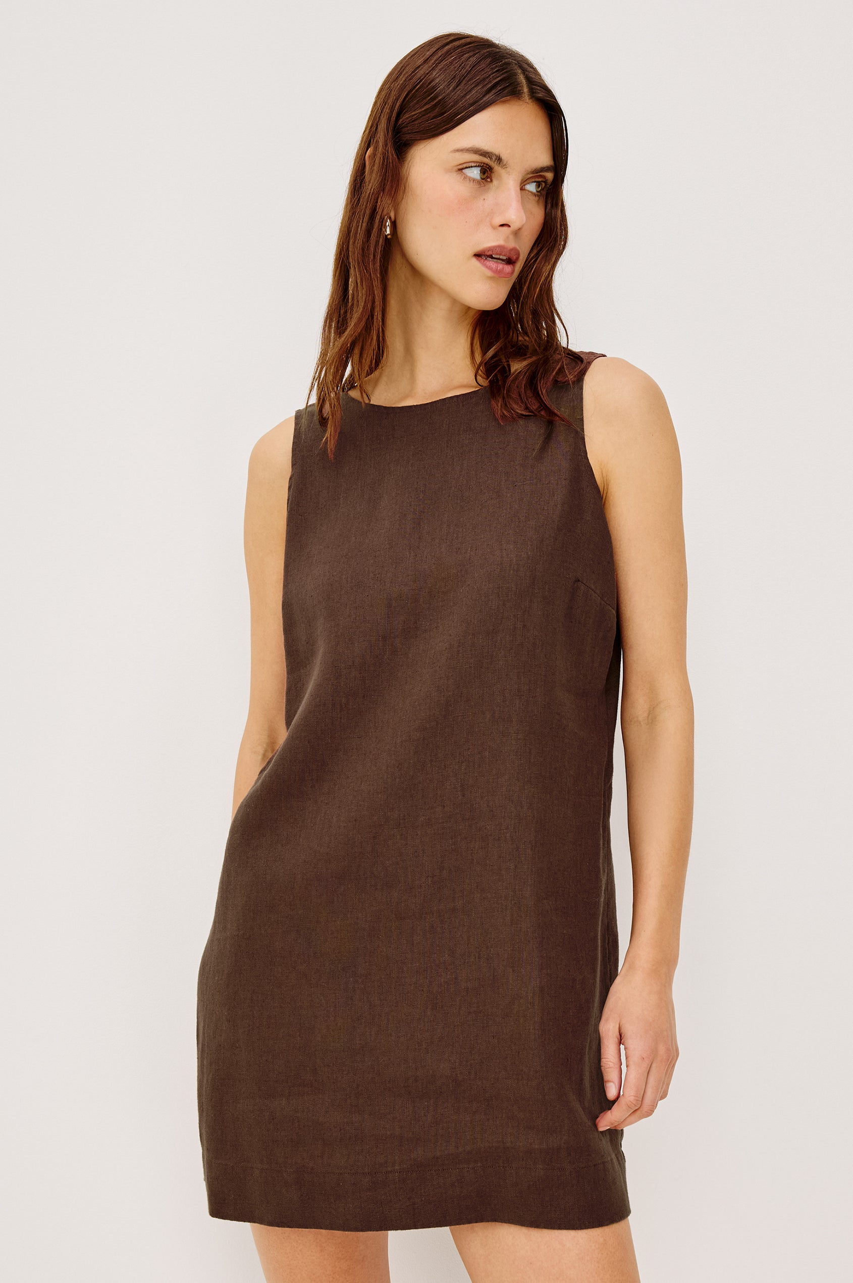 Lindsey Mini Dress in Linen With High Neck, Scoop Back, Relaxed Fit, and is Fully Lined in Espresso Colorway - Upper Body Front View Featured on Model