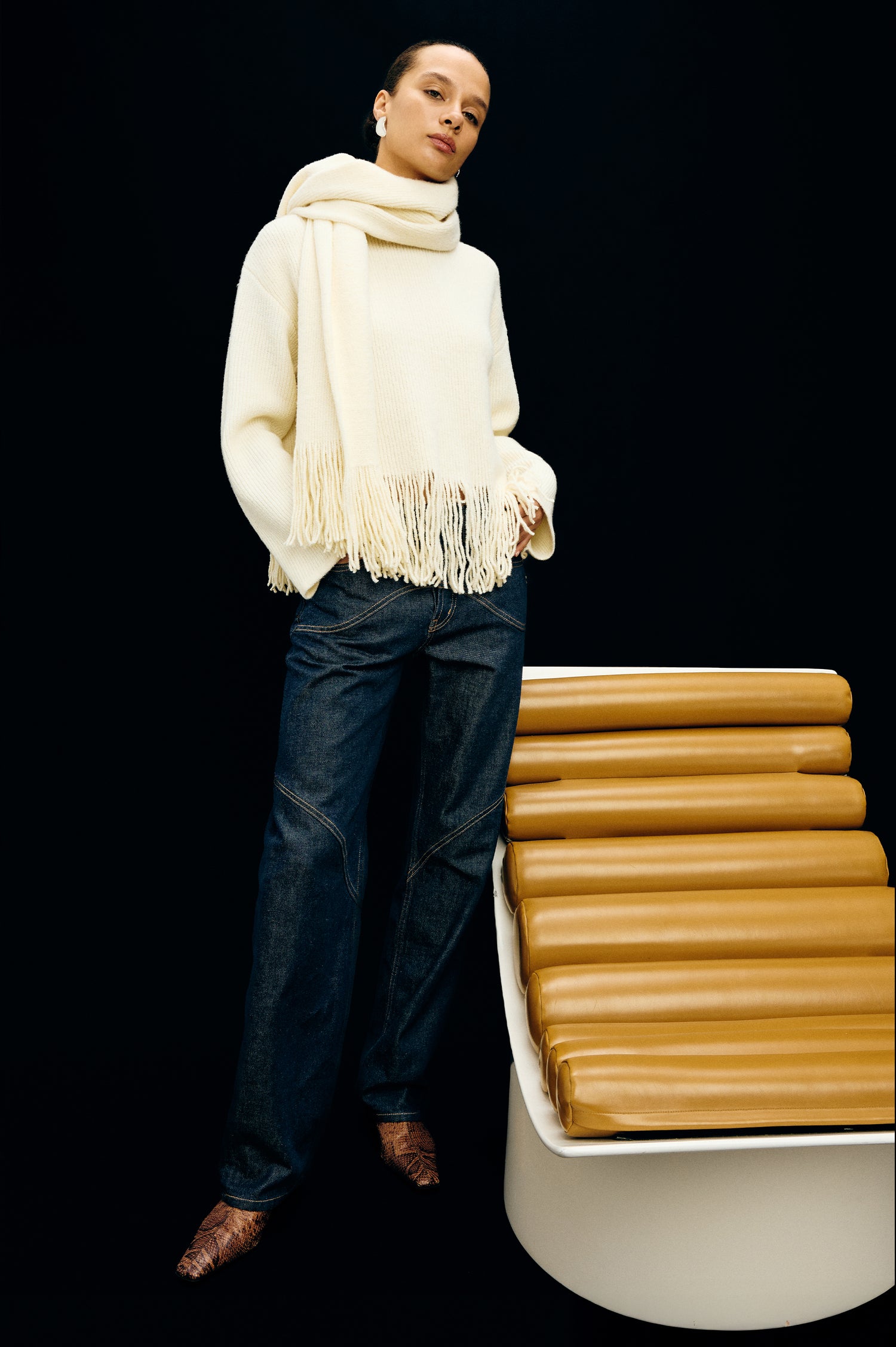Lise Turtleneck Sweater in Ribbed Wool Blend With Long Sleeves and Ribbed Trim - Ivory Fringe Colorway - Full Body Front View Featured on Model