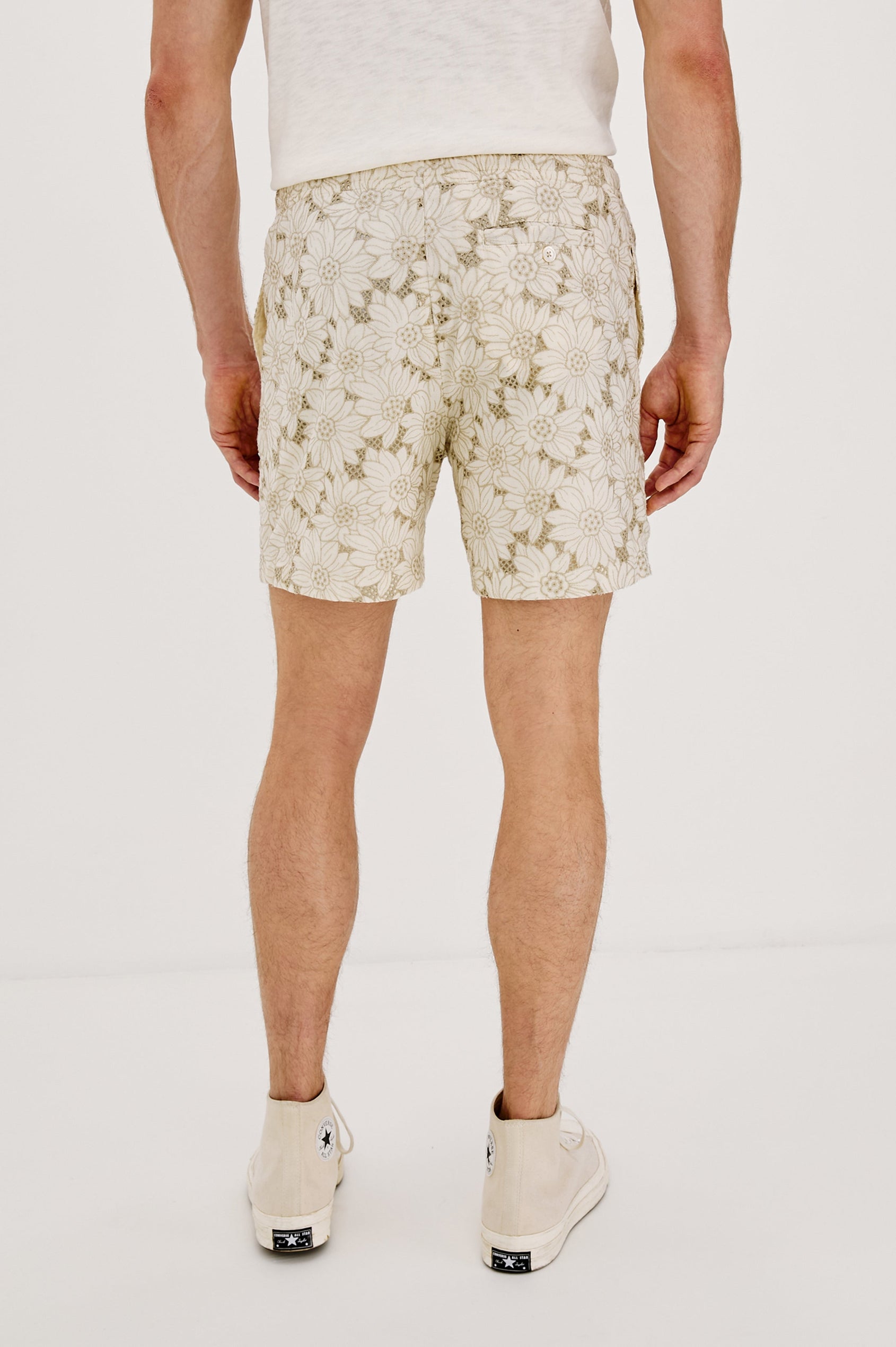 Logan Swim Short with a Drawstring Waistband and Side Pockets in Multi Blue Sunflower Colorway. Back View Shown on Model.