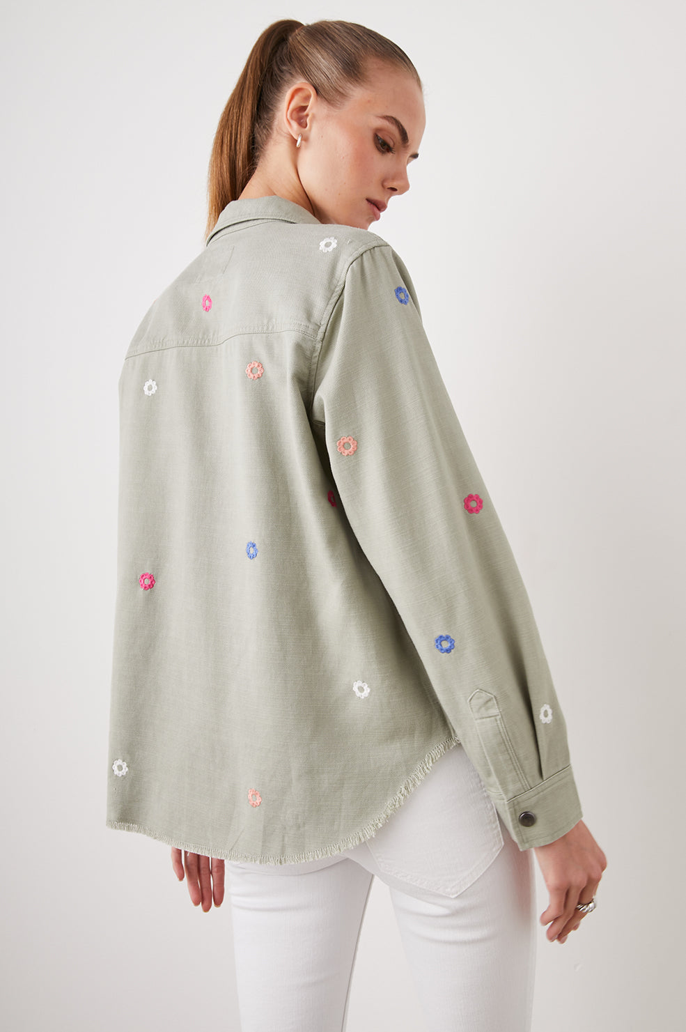 LOREN JACKET OLIVE EMBROIDERED DAISIES - BACK BODY