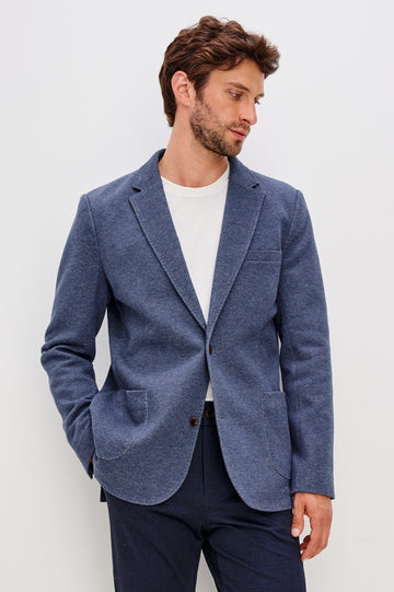Lorenz Single Breasted Blazer with two patch pockets and one chest pocket in Navy Heather Colorway. Front View Shown on Model.