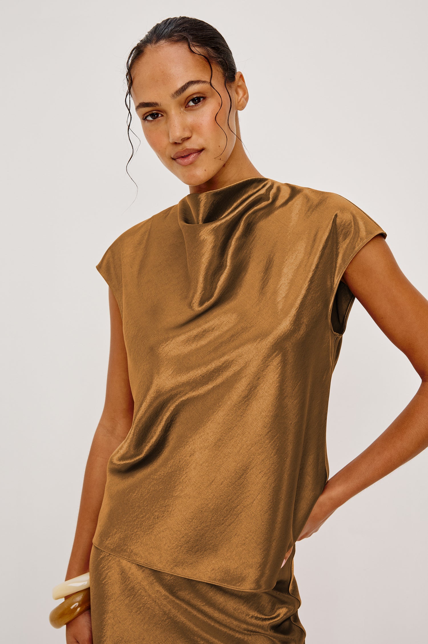 Loretta Top in Satin Back Crepe With a Loose Fit, Cowl Neckline, Cap Sleeves, and a Back Keyhole Button Cutout in Ginger Colorway - Upper Body Close Up Front View Featured on Model