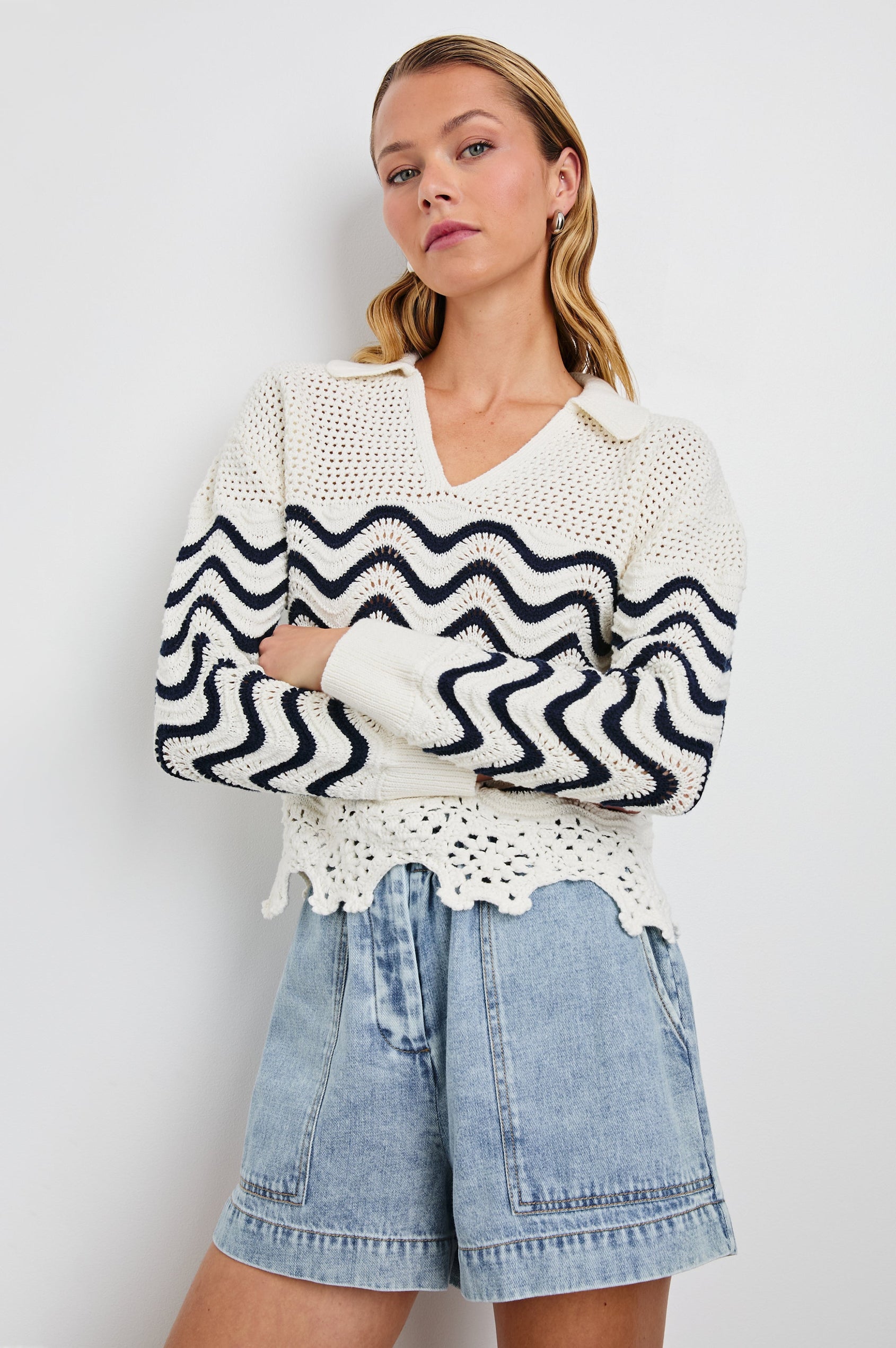 Louise Long-Sleeve, V-Neck Sweater with Collar, Floral Scalloped Hem, Open-Knit Crochet with a Solid Band at the Center in Wave Stripe Colorway, Navy waves on white - Front View on Model