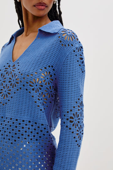 Louiza Collared V-Neck Top with Long Sleeves in French Blue Colorway. Front Detailed View Shown on Model.