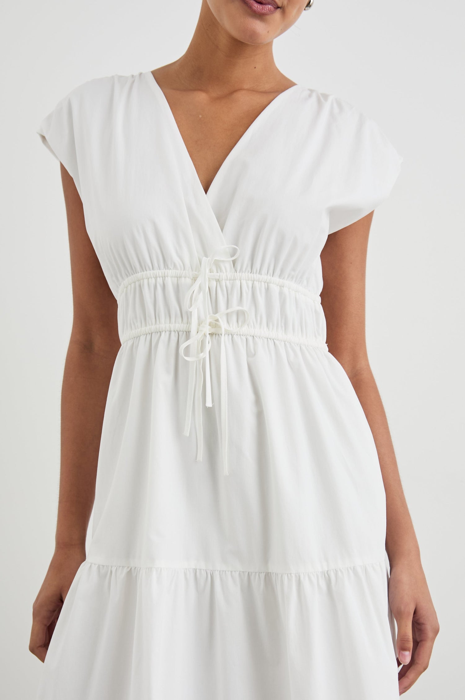 Lucia Midi Dress with Cap Sleeves, a Crossover V neckline, an Elastic Waist with Ties, and a Tiered Skirt in White Colorway - Front View Featured on Model