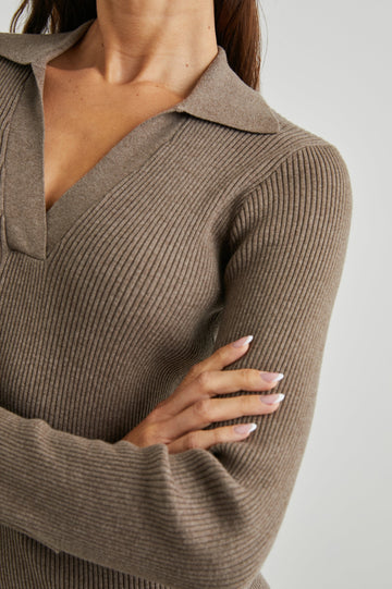 Luciana Ribbed, Long Sleeve Midi Dress with a V Neck Placket with a Collar, and a Side Slit in Latte Colorway - Front View Featured on Model 