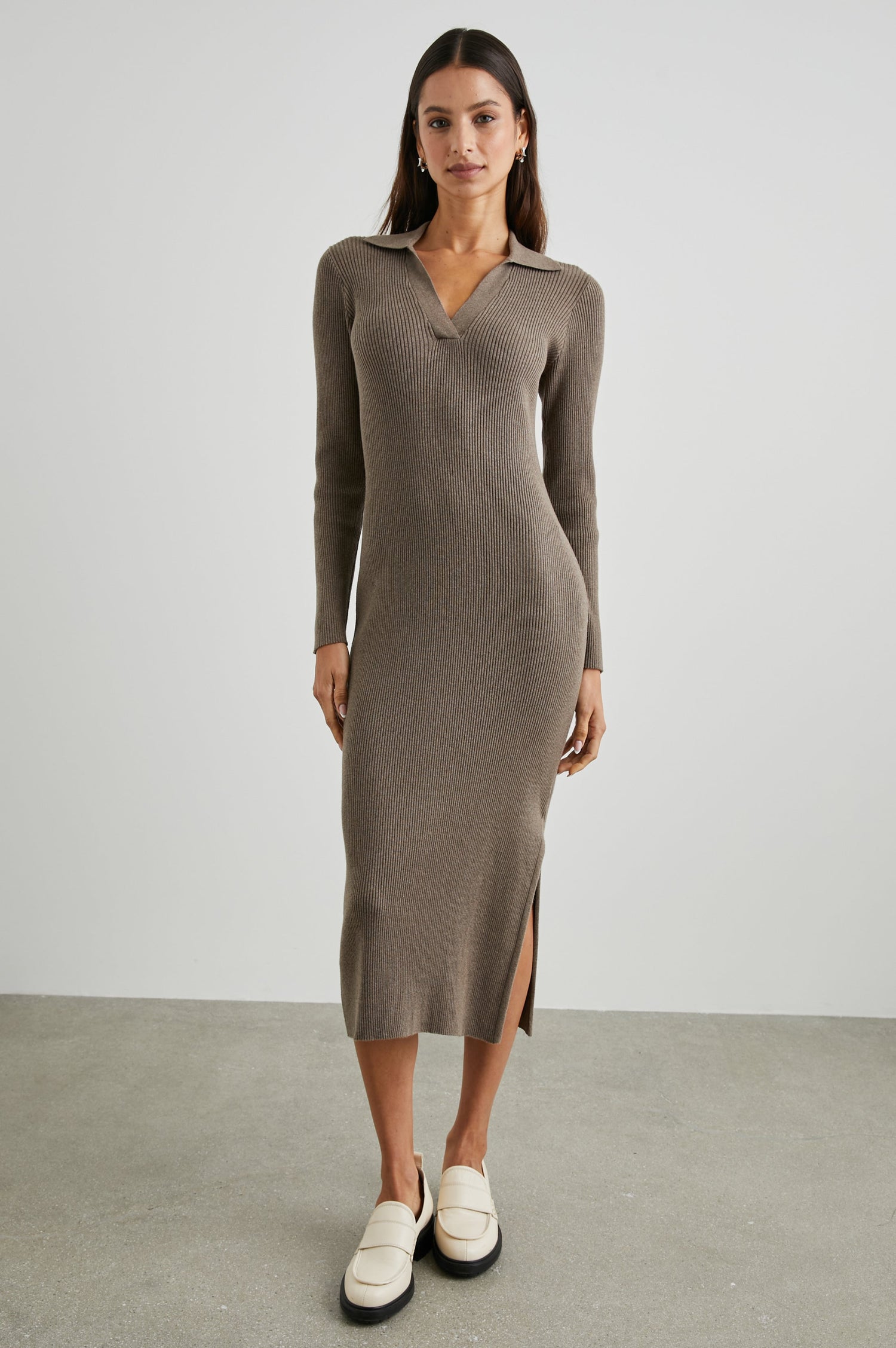 Luciana Ribbed, Long Sleeve Midi Dress with a V Neck Placket with a Collar, and a Side Slit in Latte Colorway - Front Full Body View Featured on Model 