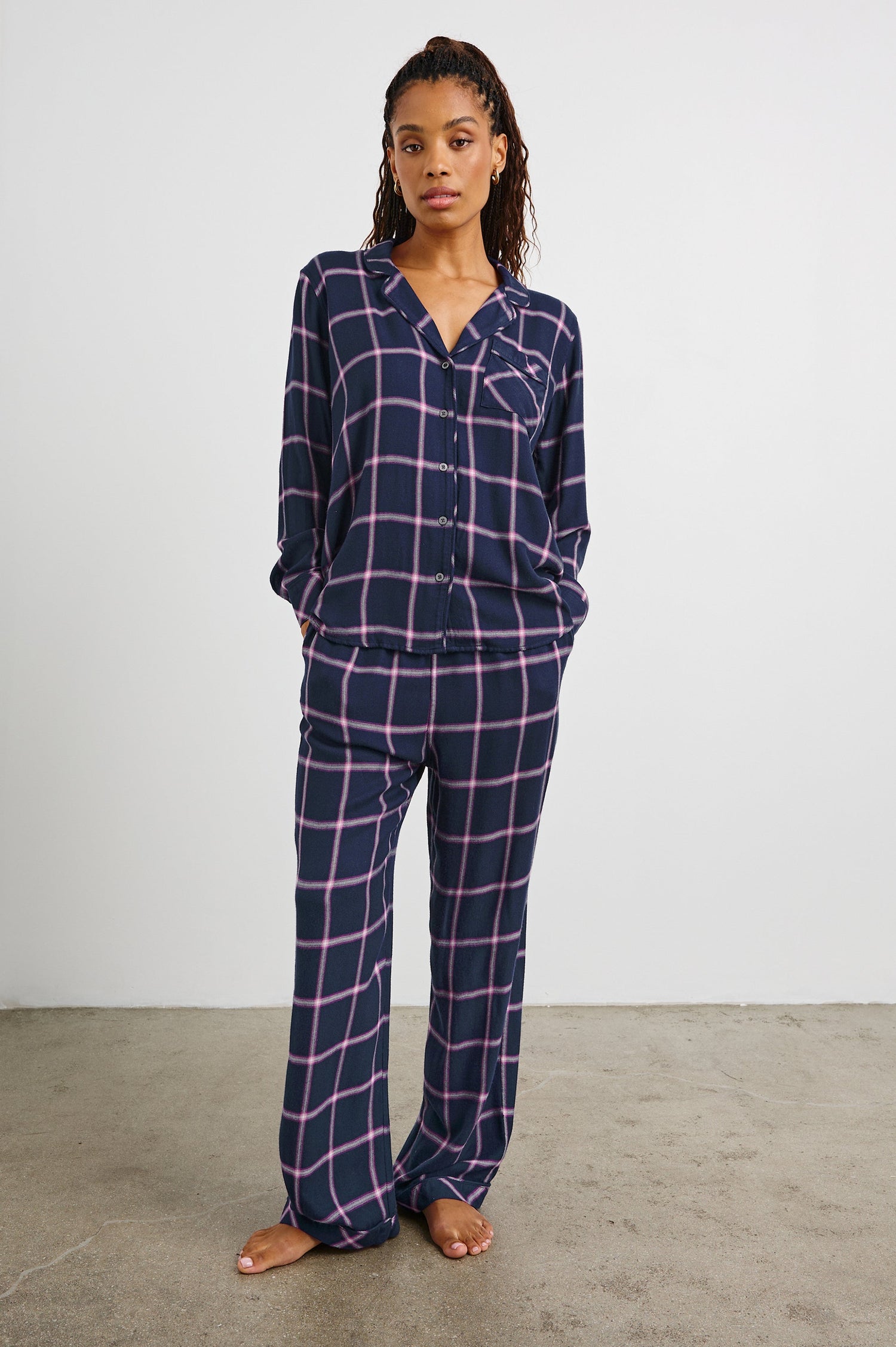 Luna Pajama Set with a Long Sleeve, Button Up, V Neck Top with a Chest Patch Pocket and Pants with Two Front Pockets in Sapphire Magenta Colorway, a plaid - Front Full Body View Featured on Model  