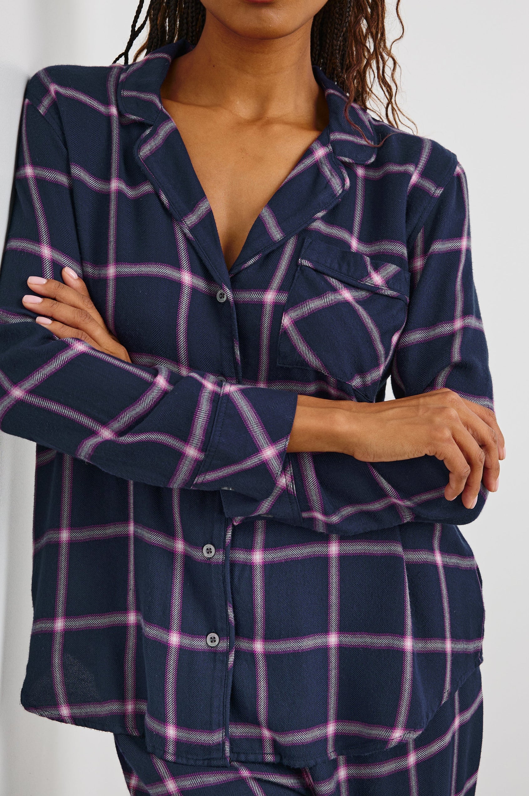 Luna Pajama Set with a Long Sleeve, Button Up, V Neck Top with a Chest Patch Pocket and Pants with Two Front Pockets in Sapphire Magenta Colorway, a plaid - Front View Featured on Model  