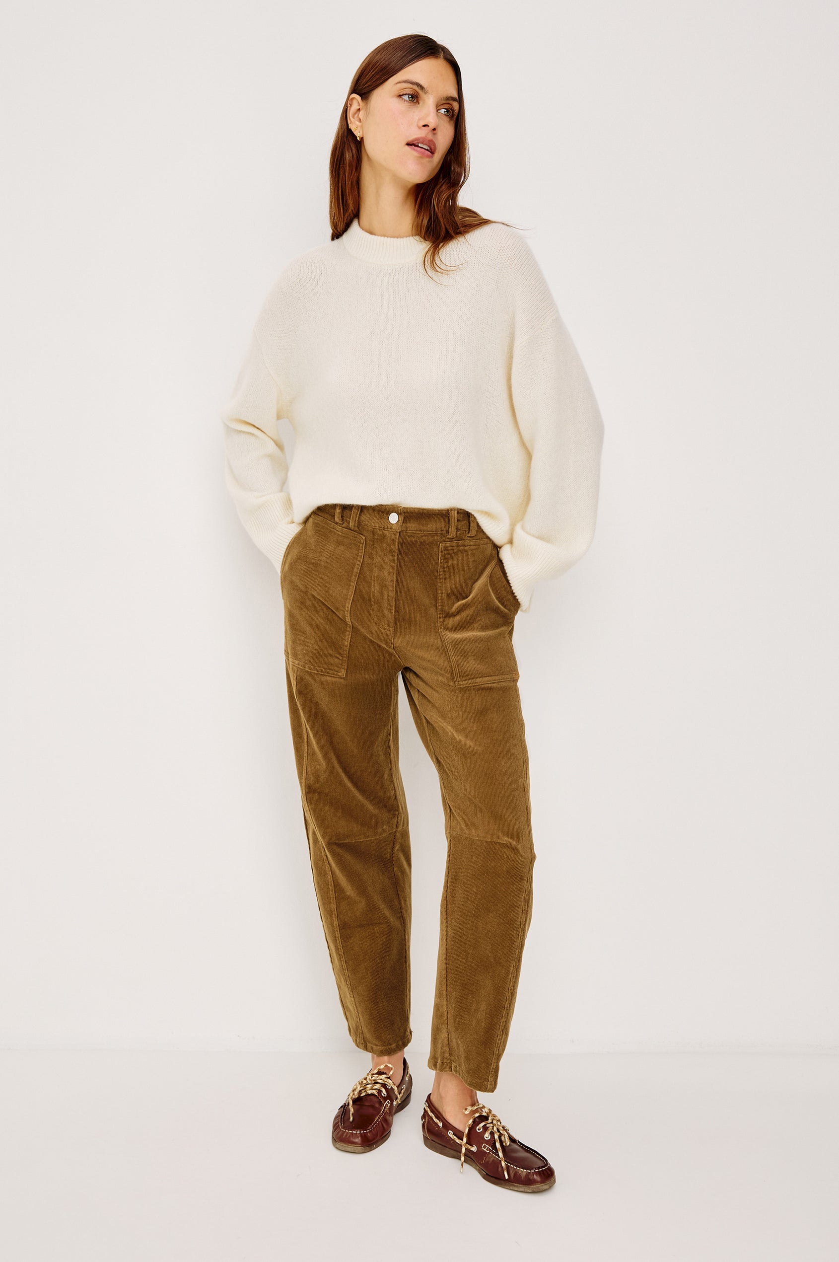 Lunar Pant in Stretch Corduroy With Relaxed Straight Legs, Zip-Fly Closure, Belt Loops, Seam Detailing, Carpenter-Style Side Pockets, and Back Pockets in Ginger Colorway - Full Body Front View Featured on Model
