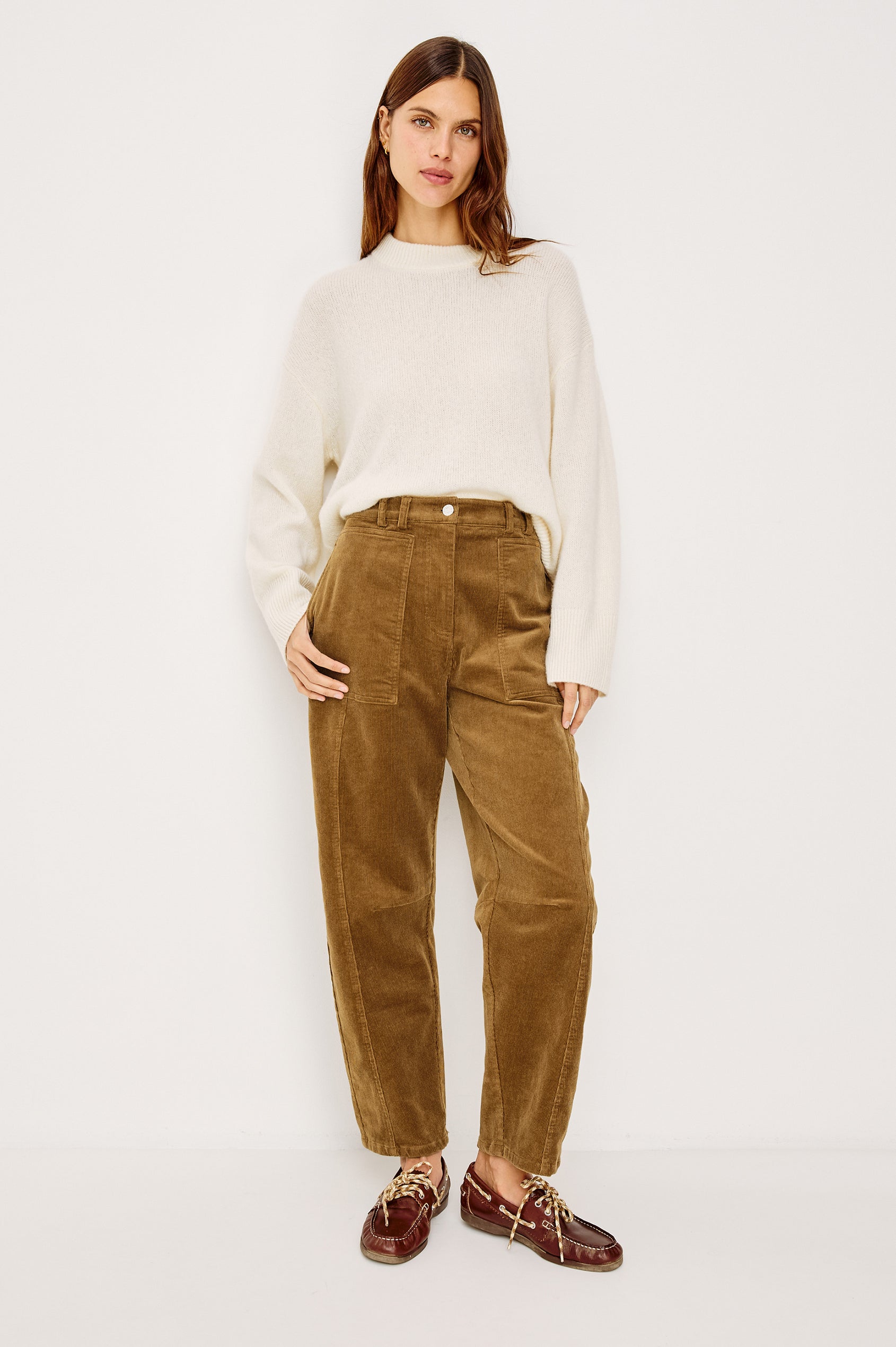 Lunar Pant in Stretch Corduroy With Relaxed Straight Legs, Zip-Fly Closure, Belt Loops, Seam Detailing, Carpenter-Style Side Pockets, and Back Pockets in Ginger Colorway - Full Body Front View Featured on Model