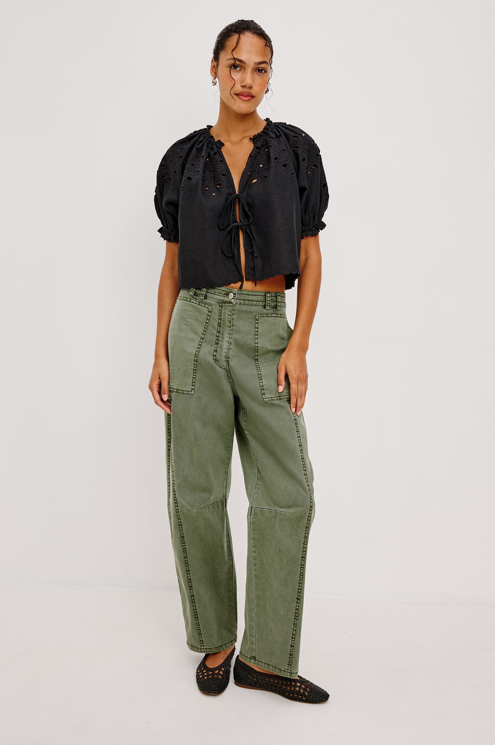 Lunar Military Pant in Stretch Twill With Mid-Rise Relaxed Fit Barrel Legs and Knee Seam Details in Military Olive Colorway - Full Body Front View Featured on Model