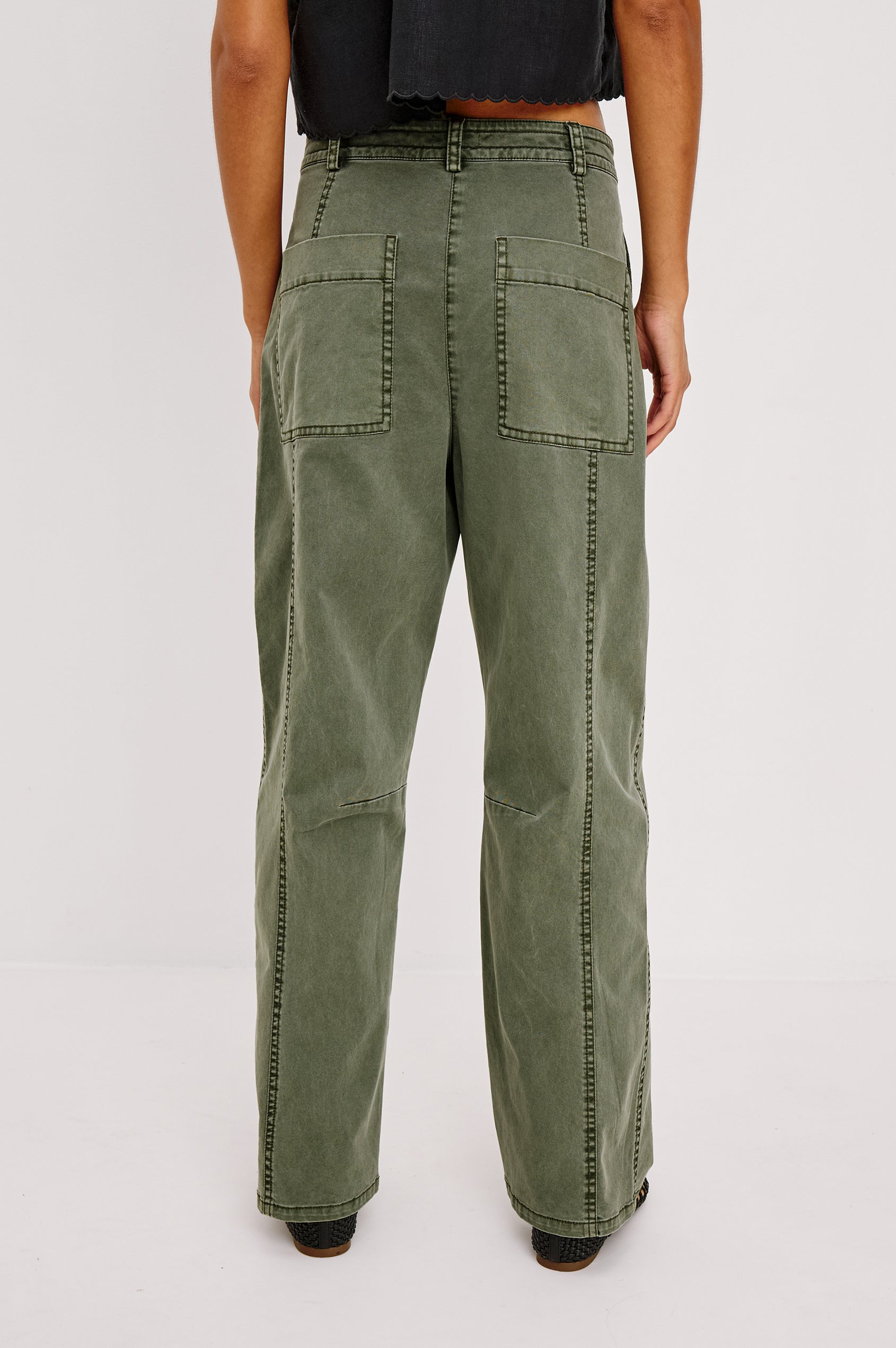 Lunar Military Pant in Stretch Twill With Mid-Rise, Relaxed Fit, Barrel Legs, and Knee Seam Details in Military Olive Colorway - Lower Body Back View Featured on Model