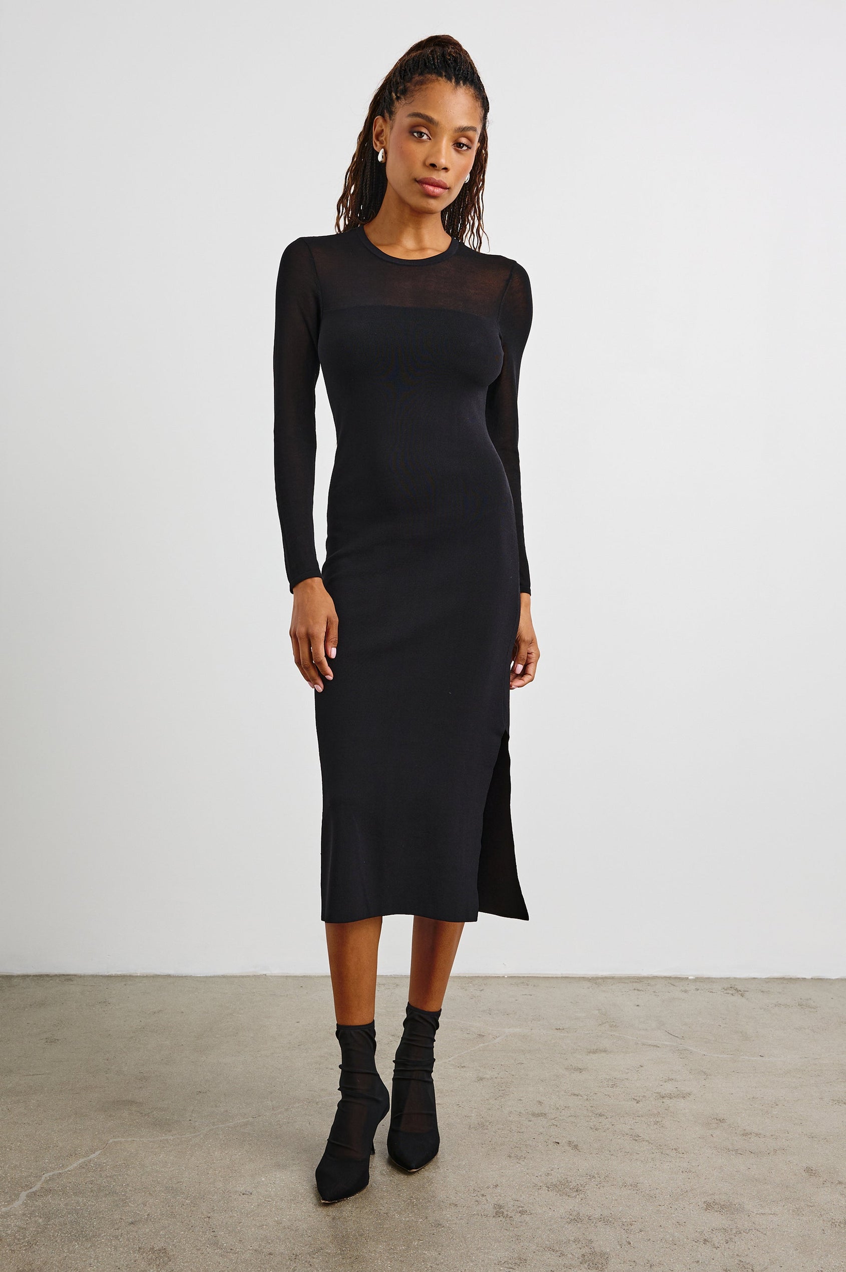Luz Long-Sleeve Midi Dress with Transparent Yoke and Sleeves and Mid-Thigh Side Slit in Black Colorway - Front Full Body View Featured on Model
