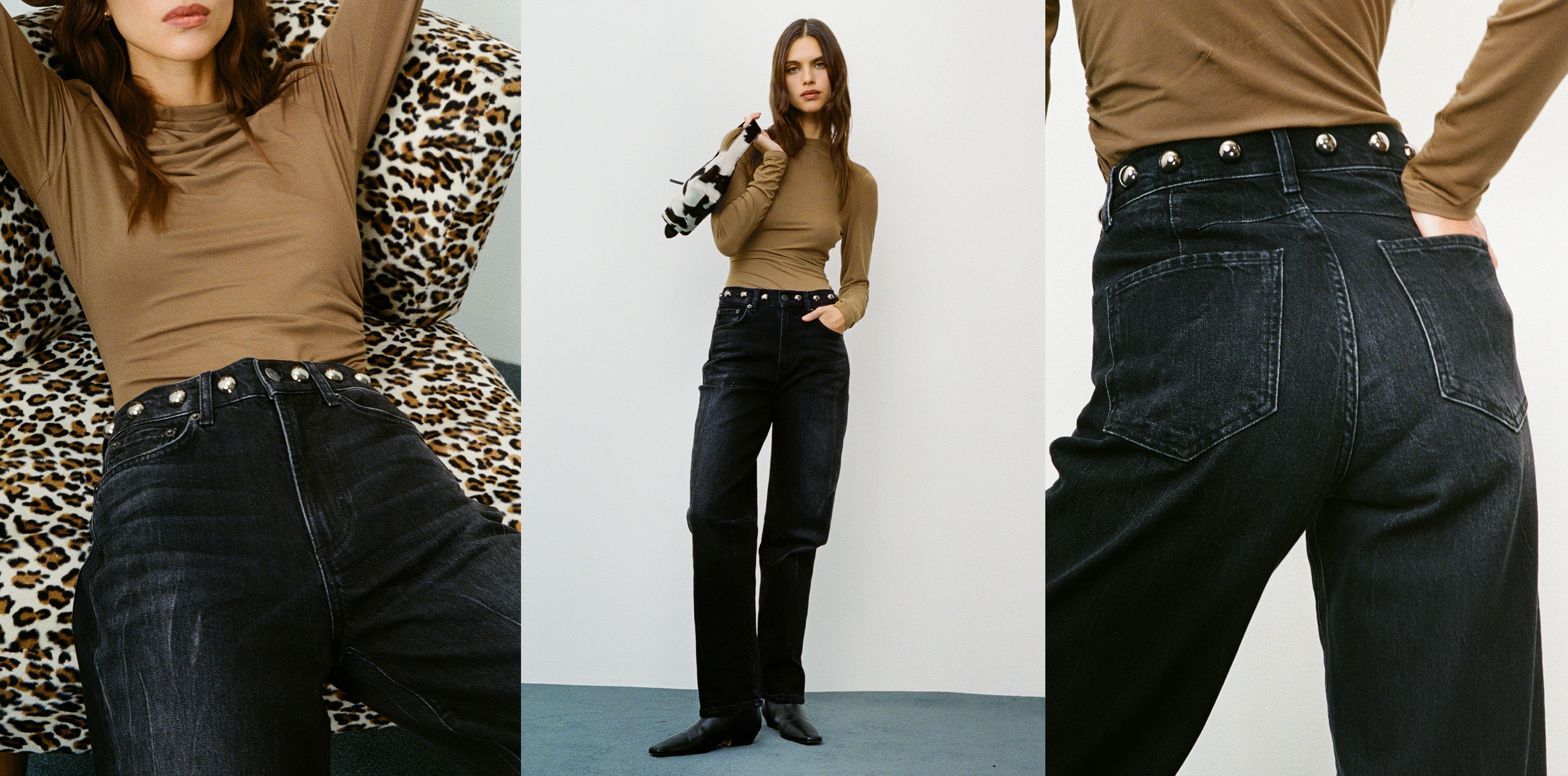 Woman wearing a brown top and dark jeans in various poses against different backdrops.