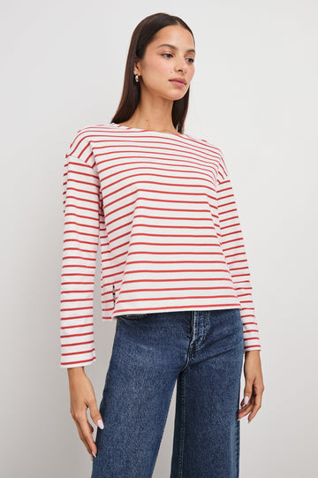 Macy Long-Sleeved Top with Boatneck and Two Short Side Slits at the Hem in Cherry Stripe Colorway, Cherry and White Horizontal Stripes - Front View Featured on Model