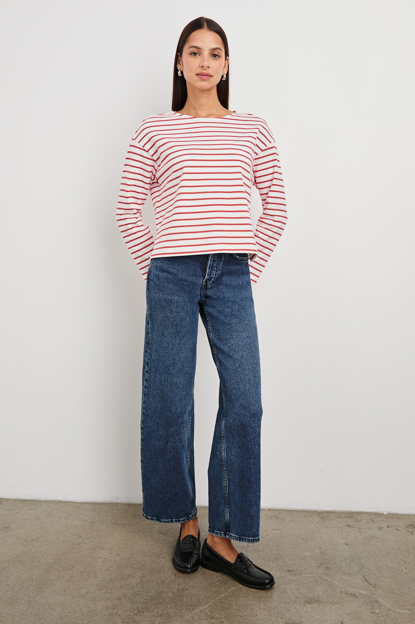 Macy Long-Sleeved Top with Boatneck and Two Short Side Slits at the Hem in Cherry Stripe Colorway, Cherry and White Horizontal Stripes - Front Full Body View Featured on Model