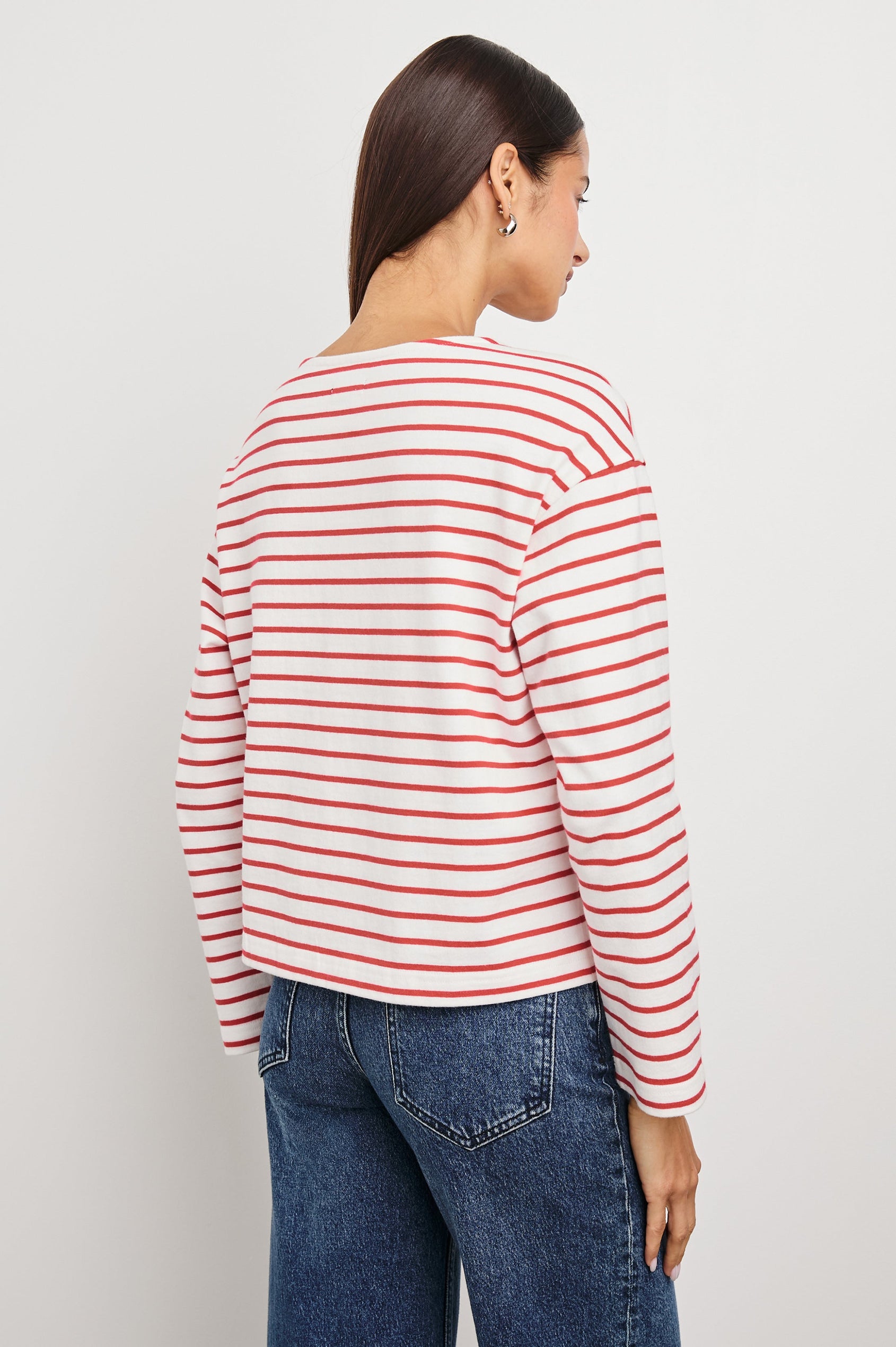 Macy Long-Sleeved Top with Boatneck and Two Short Side Slits at the Hem in Cherry Stripe Colorway, Cherry and White Horizontal Stripes - Back View Featured on Model
