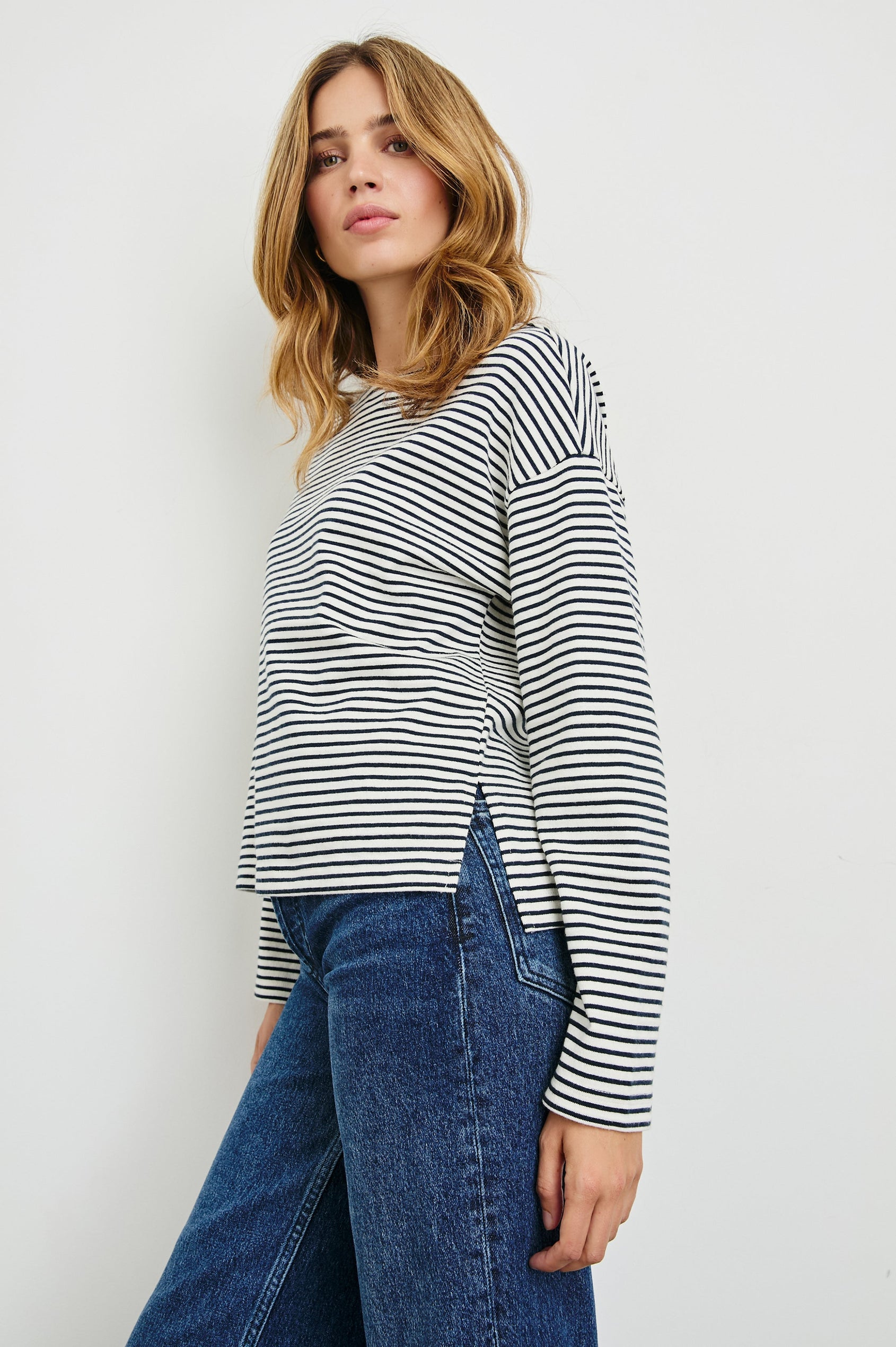 MACY-IVORY-NAVY-MICRO-STRIPE-SIDE ANGLE
