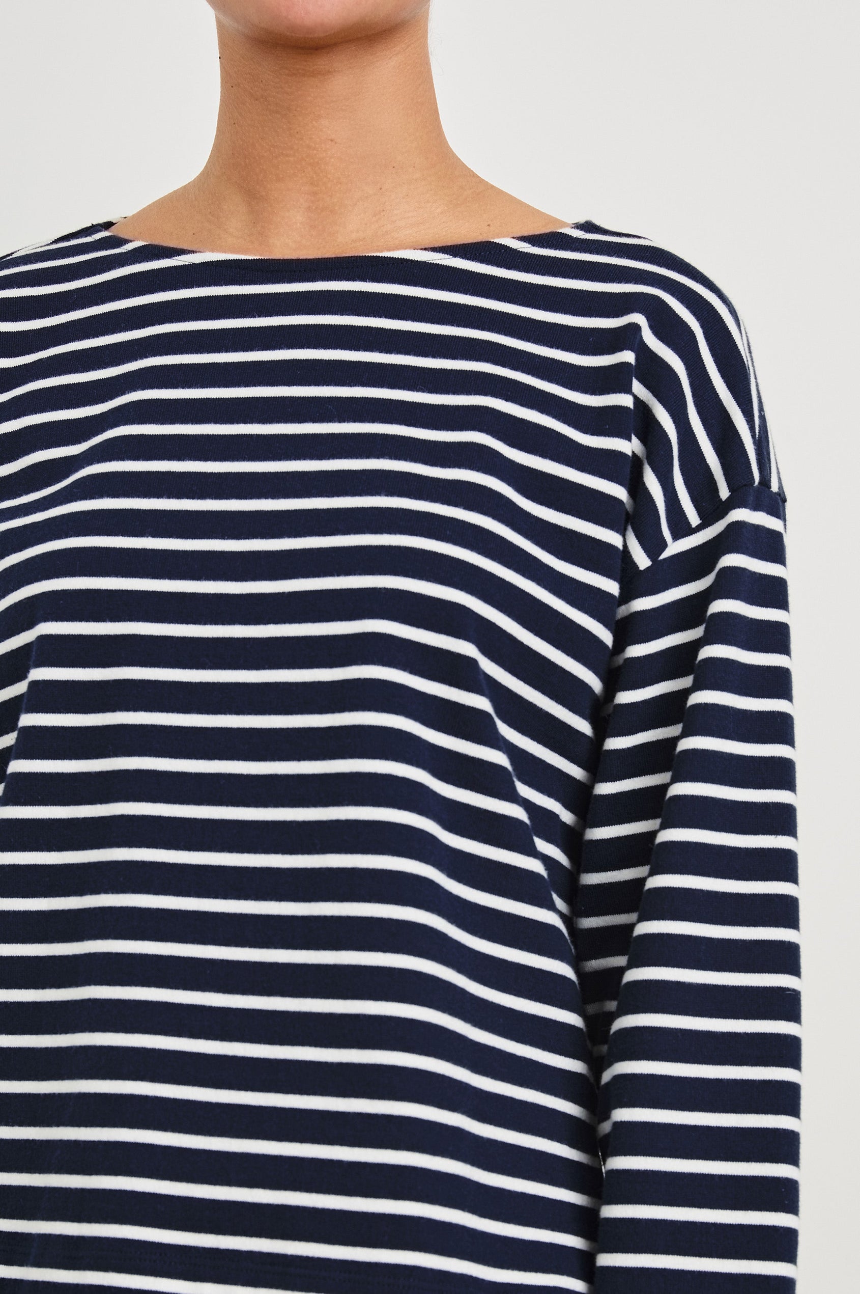 Macy long sleeve shirt with boat neckline and flared long sleeve in Nautical Stripe - close up of details on model