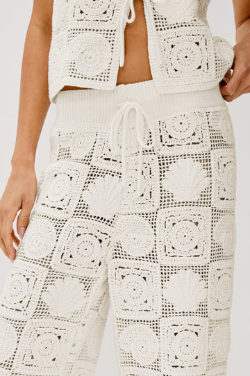 Maja Straight Leg Pant with Ribbed Drawstring Waistband in White Sea Shell Crochet Colorway. Front Detailed View Shown on Model.