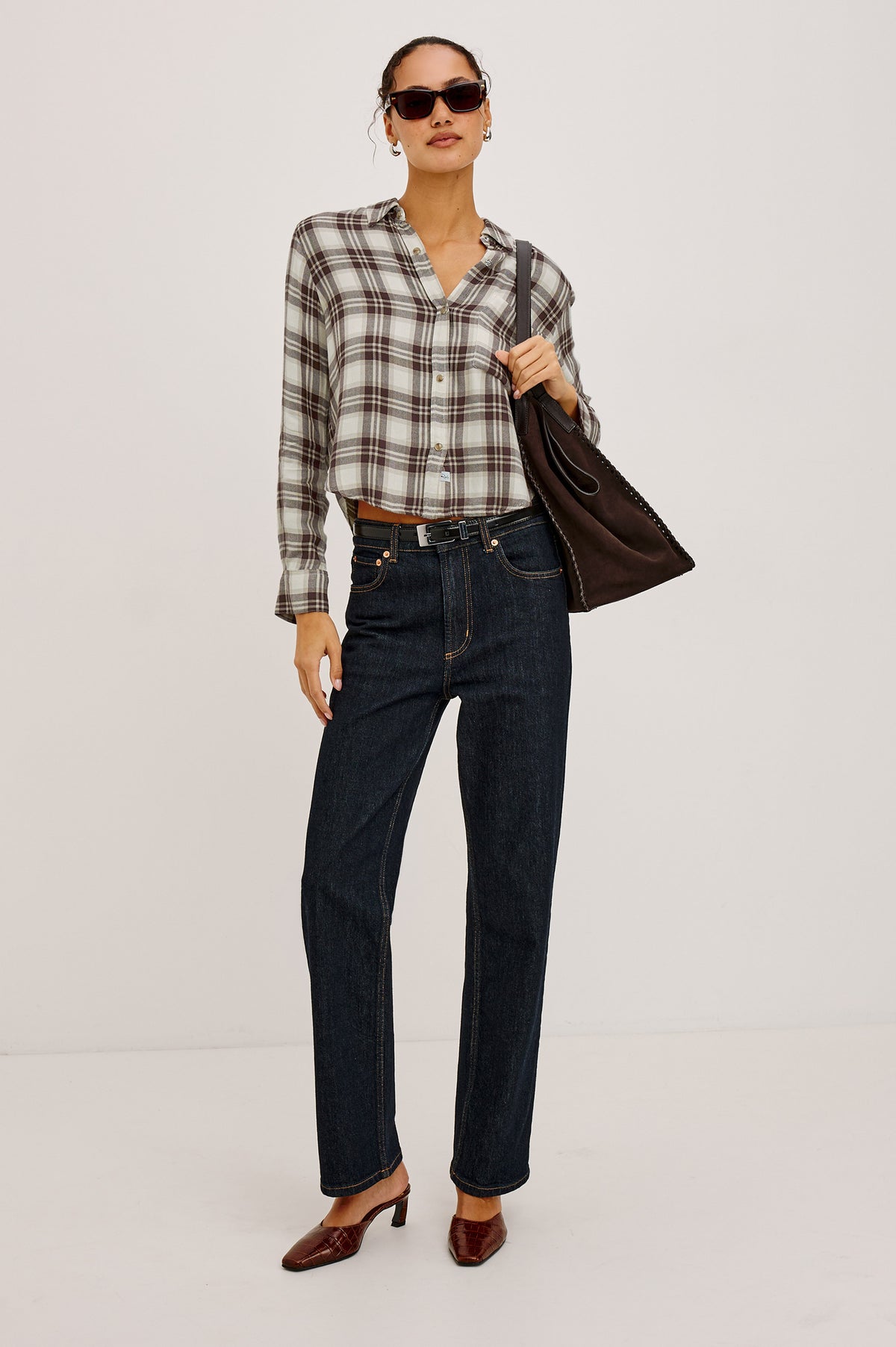 Malin Shirt in Ultra-Soft Twill With Snap Button Front, Cropped Boxy Fit, Collar, and Long Sleeves in Birch Hickory Colorway - Full Body Front View Featured on Model
