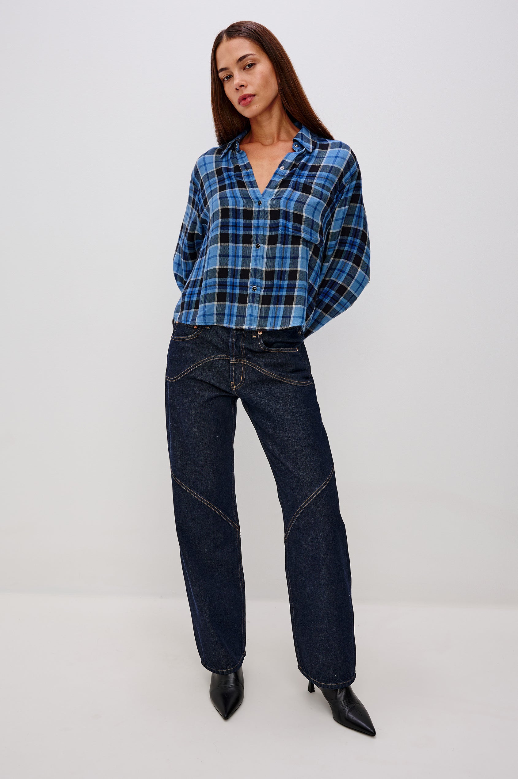 Malin Cropped Long-Sleeve Button Up with a Chest Patch Pocket in Midnight Blue White Colorway, plaid - Full Body Front View Featured on Model