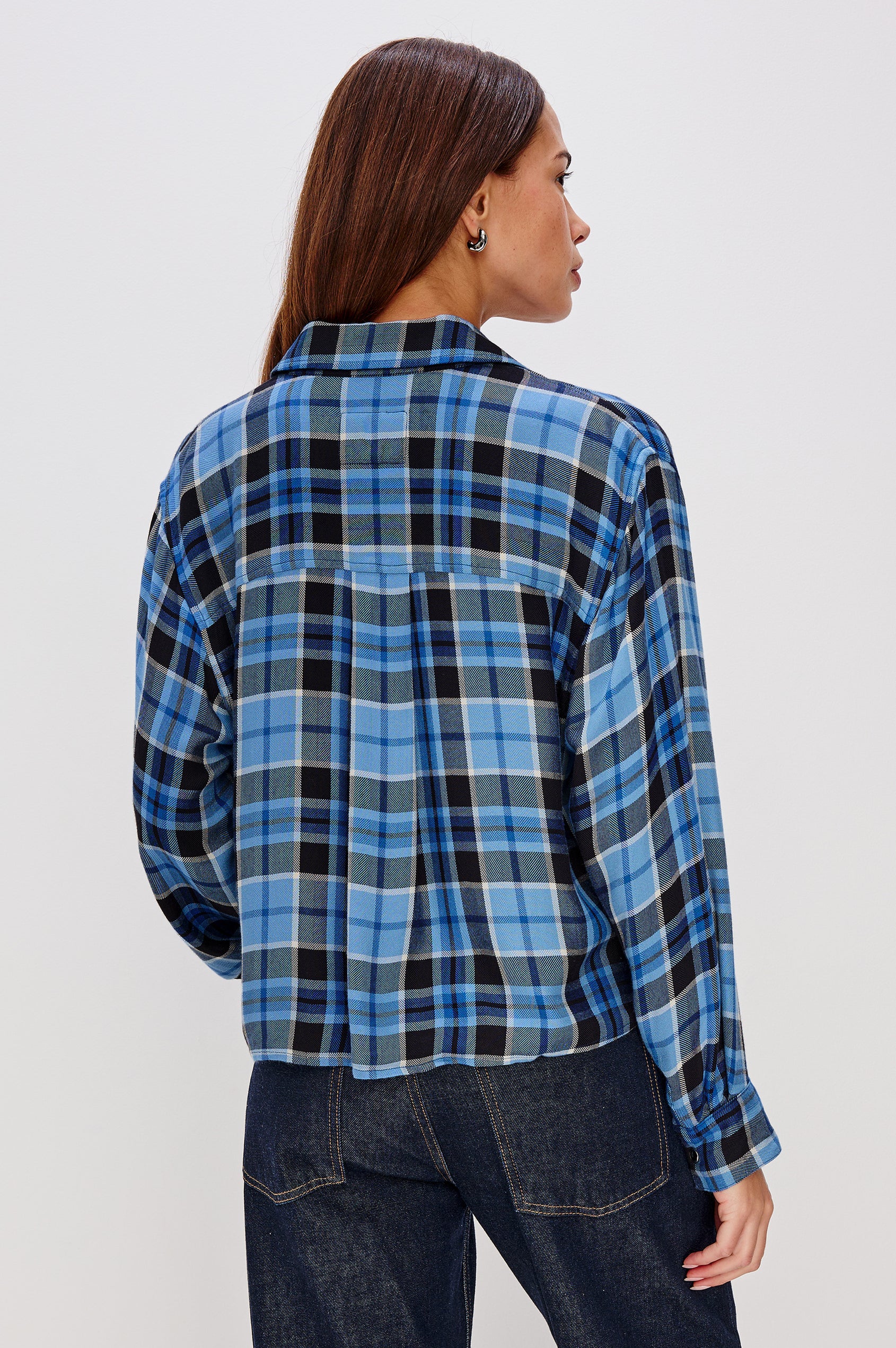 Malin Cropped Long-Sleeve Button Up with a Chest Patch Pocket in Midnight Blue White Colorway, plaid - Back View Featured on Model