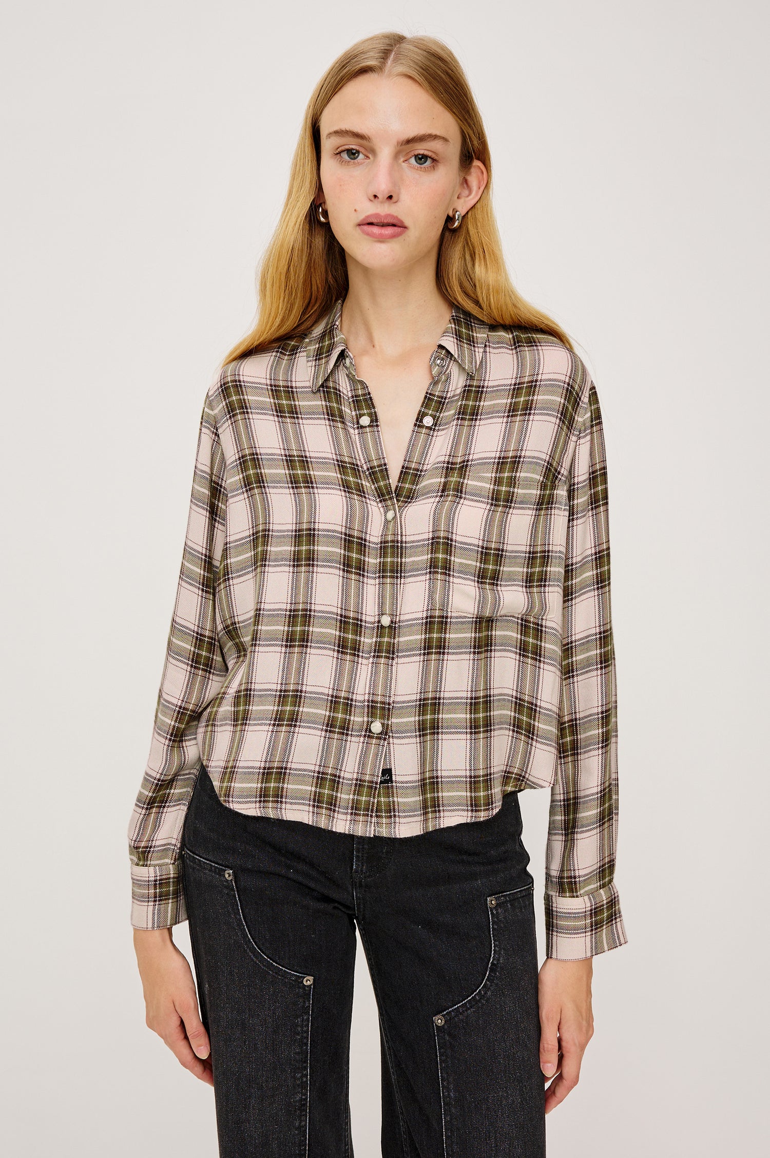 Malin Cropped Boxy Shirt in Signature Soft Rayon With Loose Twill Weave With Collar, Front Buttons, Long Sleeves, Chest Patch Pocket in Olive Brown Colorway - Upper Body Front View Featured on Model