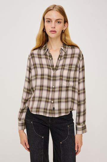 Malin Cropped Long-Sleeve Button Up with a Chest Patch Pocket in Midnight Blue White Colorway, plaid - Front View Featured on Model