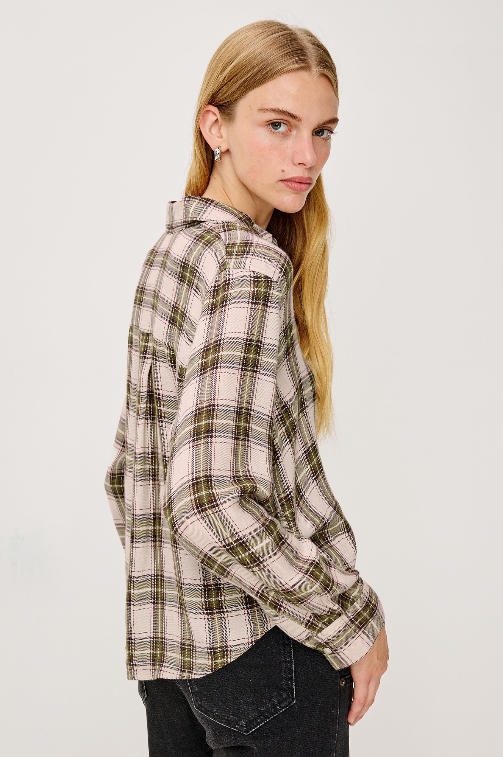 Malin Cropped Boxy Shirt in Signature Soft Rayon With Loose Twill Weave With Collar, Front Buttons, Long Sleeves, Chest Patch Pocket in Olive Brown Colorway - Upper Body Back View Featured on Model