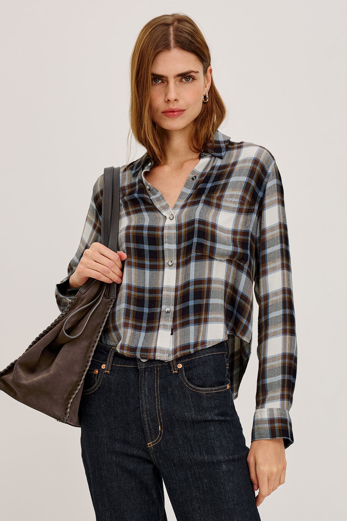 Malin Shirt in Plaid Flannel With Front Buttons, Single Chest Pocket, Point Collar, and Long Sleeves in Onyx Mocha Chartreuse Colorway - Upper Body Front View Featured on Model.