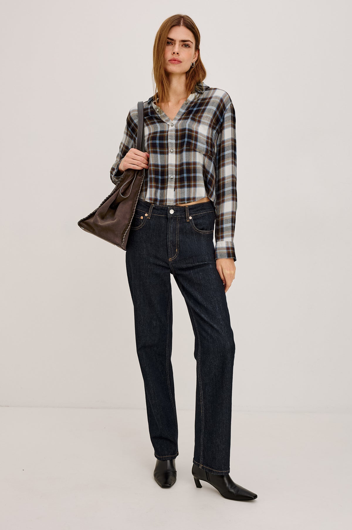 Malin Shirt in Plaid Flannel With Front Buttons, Single Chest Pocket, Point Collar, and Long Sleeves in Onyx Mocha Chartreuse Colorway - Full Body Front View Featured on Model.