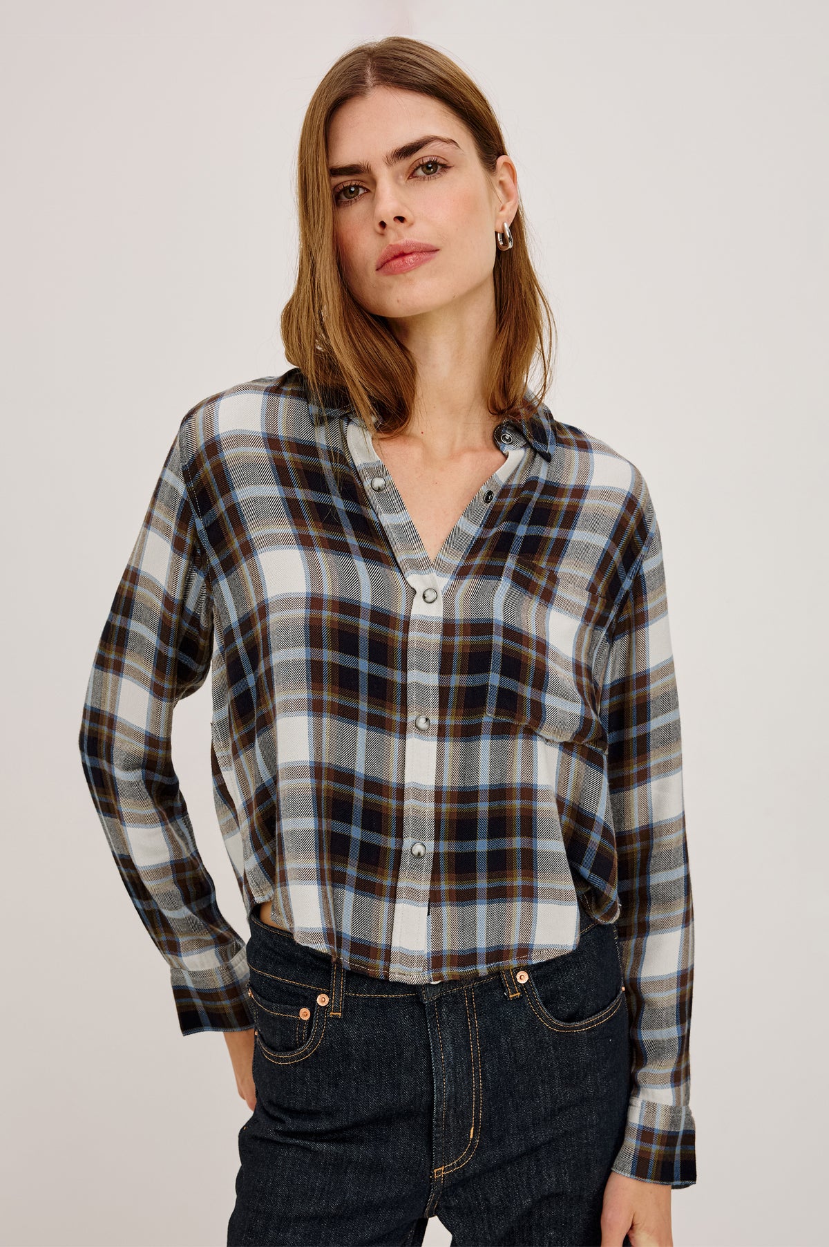 Malin Shirt in Plaid Flannel With Front Buttons, Single Chest Pocket, Point Collar, and Long Sleeves in Onyx Mocha Chartreuse Colorway - Front View Featured on Model.