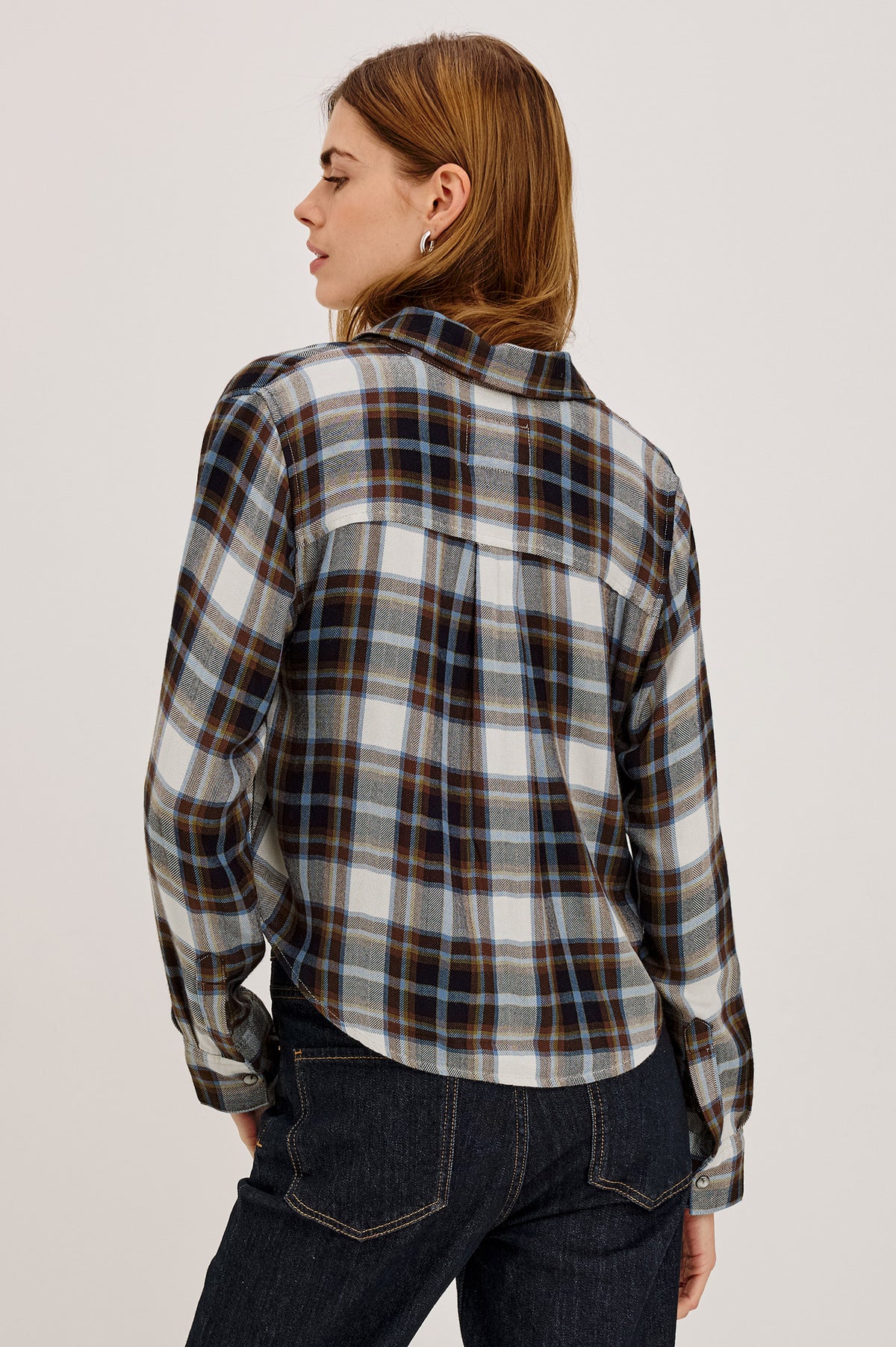 Malin Shirt in Plaid Flannel With Front Buttons, Single Chest Pocket, Point Collar, and Long Sleeves in Onyx Mocha Chartreuse Colorway - Upper Body Back View Featured on Model.