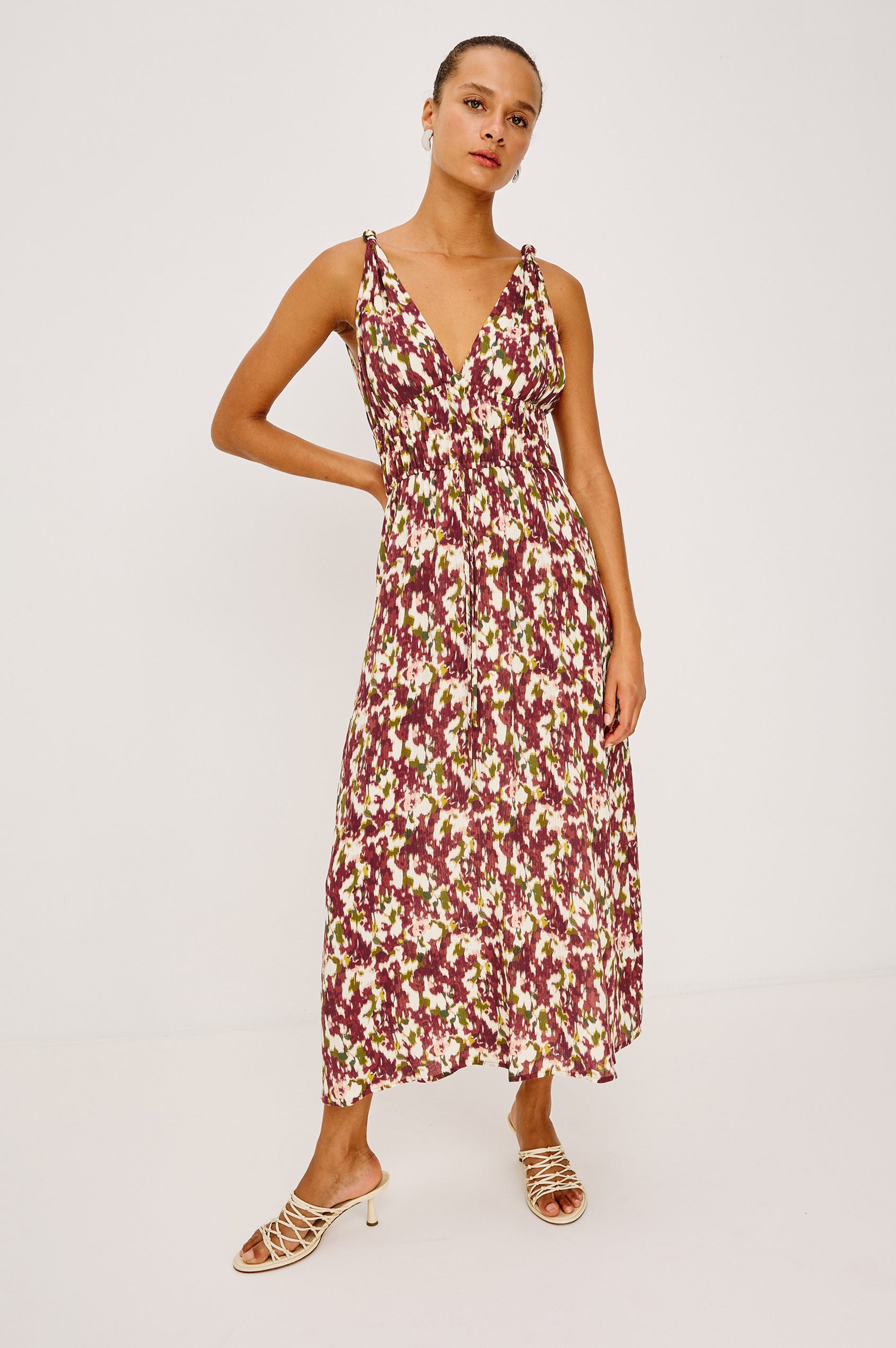 Marciana Midi Dress in Crinkle Chiffon With V-Neckline, Knotted Shoulder Straps, Smocked Waist, Adjustable Empire Waist Ties, and is Fully Lined in Cardinal Floral Colorway - Full Body Front View Featured on Model