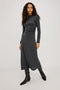 Margaret Midi Dress in Brushed Tissue Jersey With Mock Neck, Long Sleeves, Ruched Sides, and Fitted Silhouette in Charcoal Colorway - Full Body Front View Featured on Model