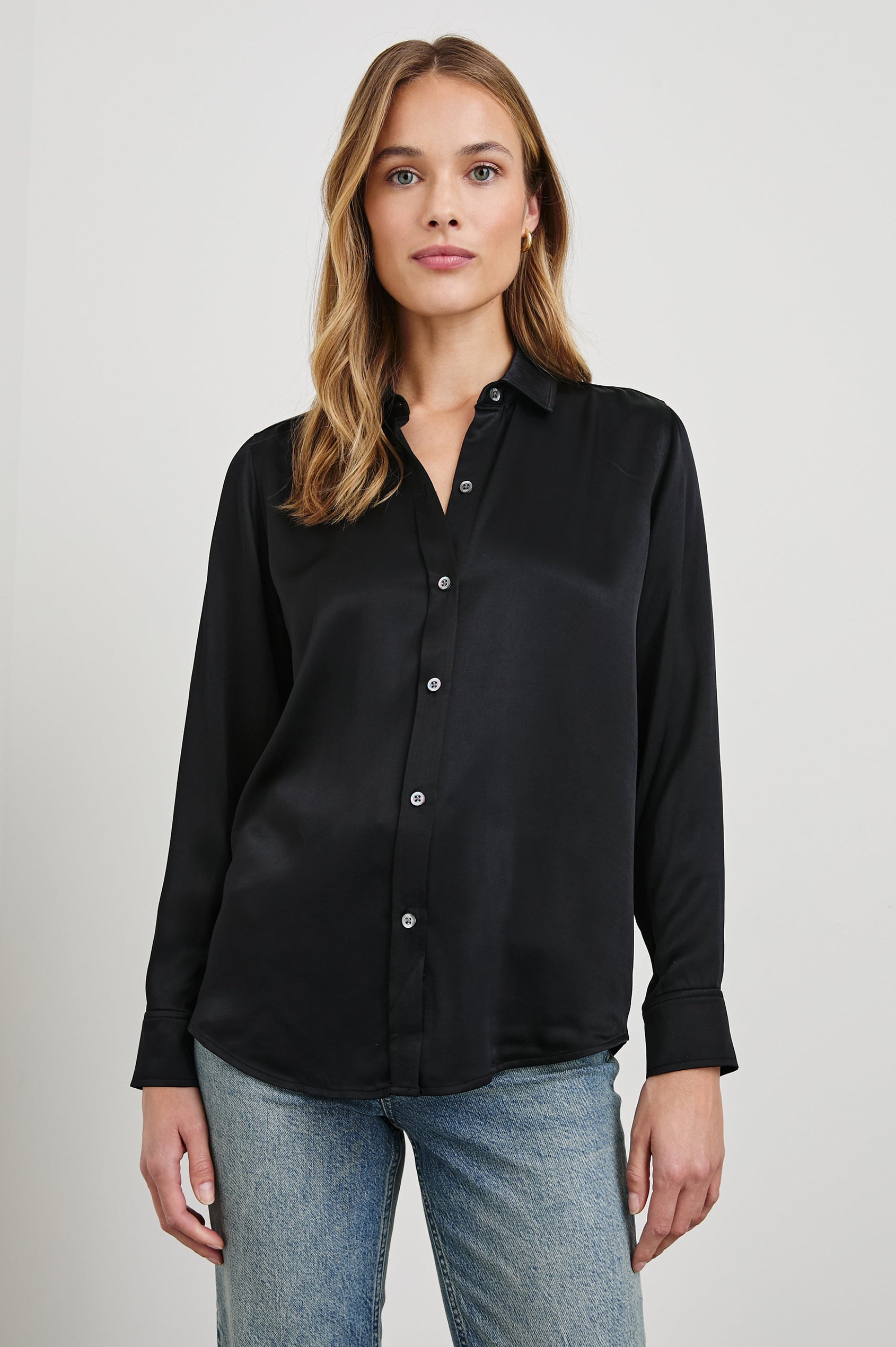 Maria Long-Sleeve Button Up in Black Colorway - Front View Featured on Model